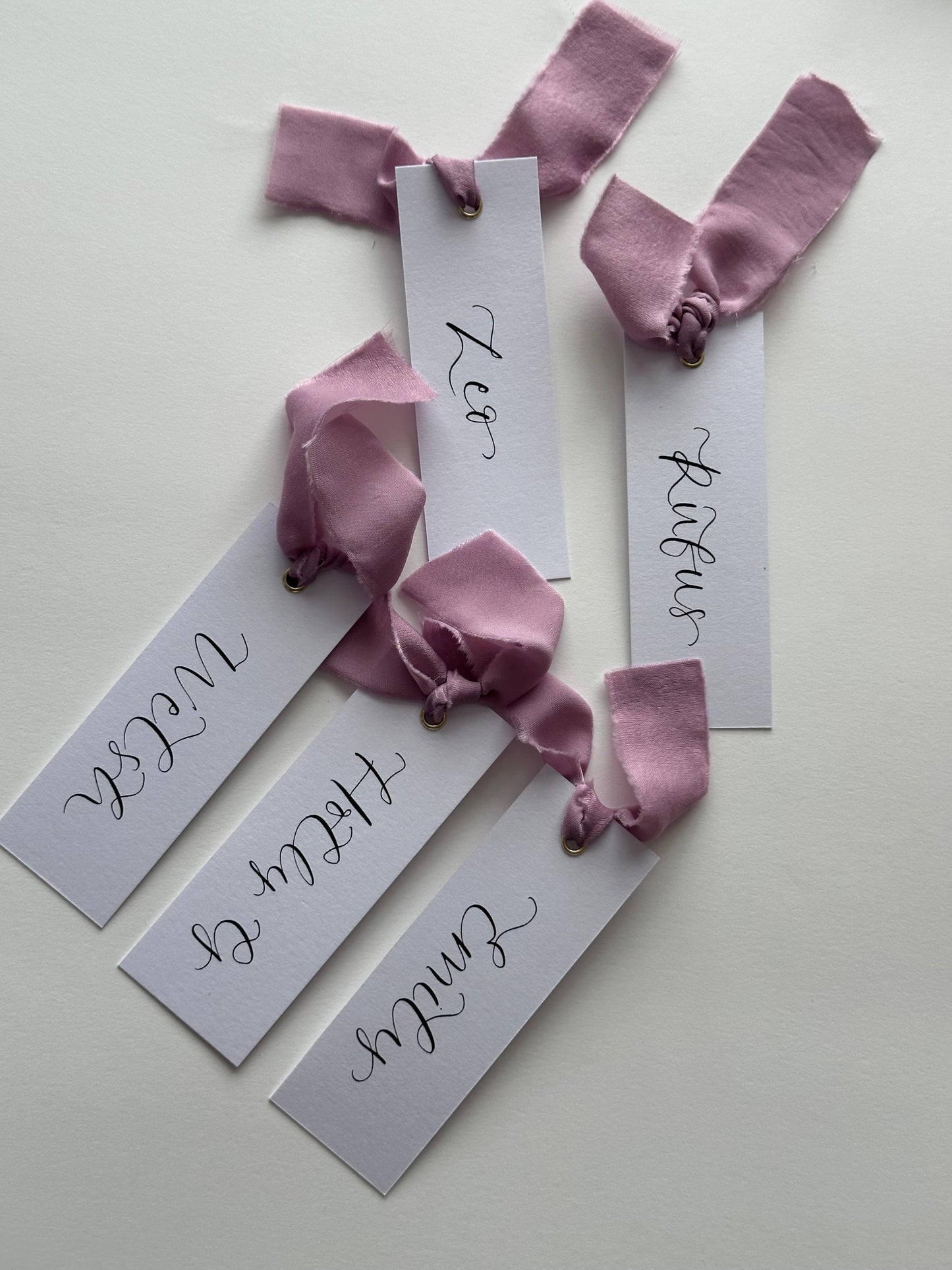 LILAC Chiffon Ribbon Calligraphy Place Name Card | White Calligraphy Wedding Place Name Card | Gold or Silver Eyelet