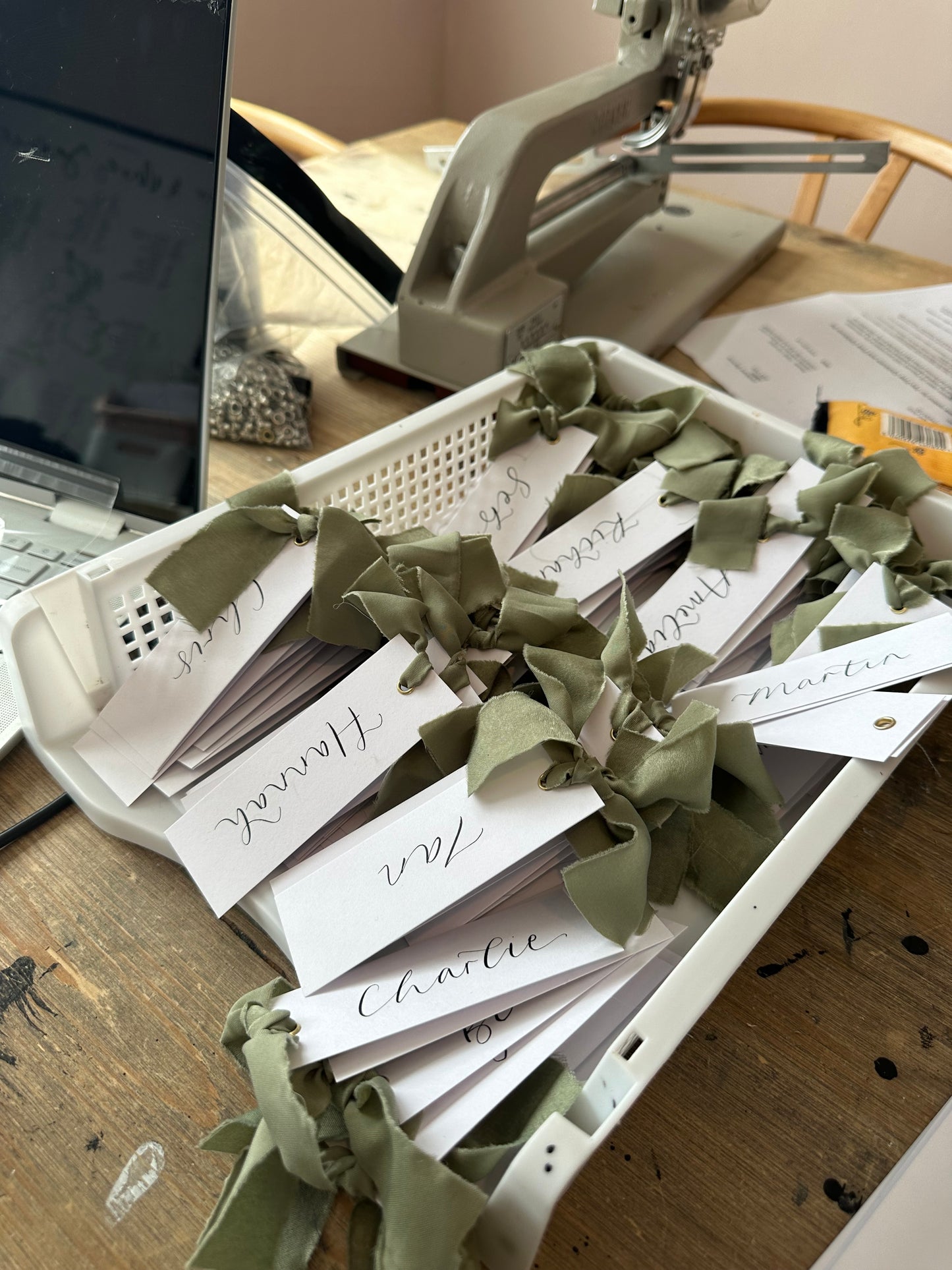 EUCALYPTUS Chiffon Calligraphy Place Name Card | White Calligraphy Wedding Place Name Card | Gold or Silver Eyelet