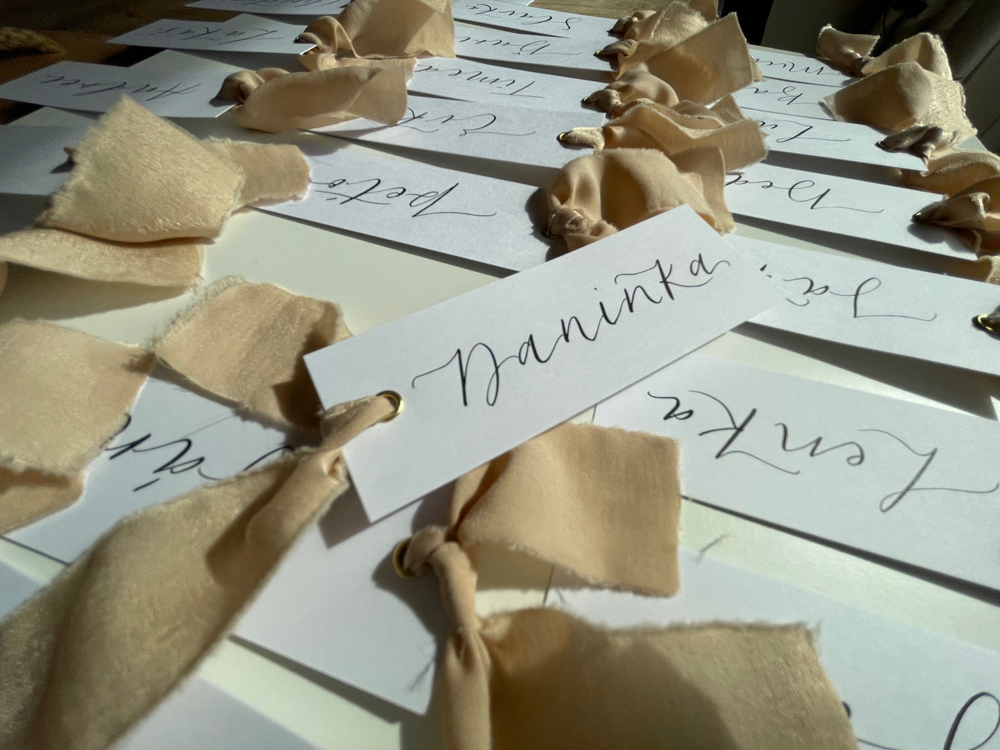 NUDE Chiffon Ribbon Calligraphy Place Name Card | White Calligraphy Wedding Place Name Card | Gold or Silver Eyelet