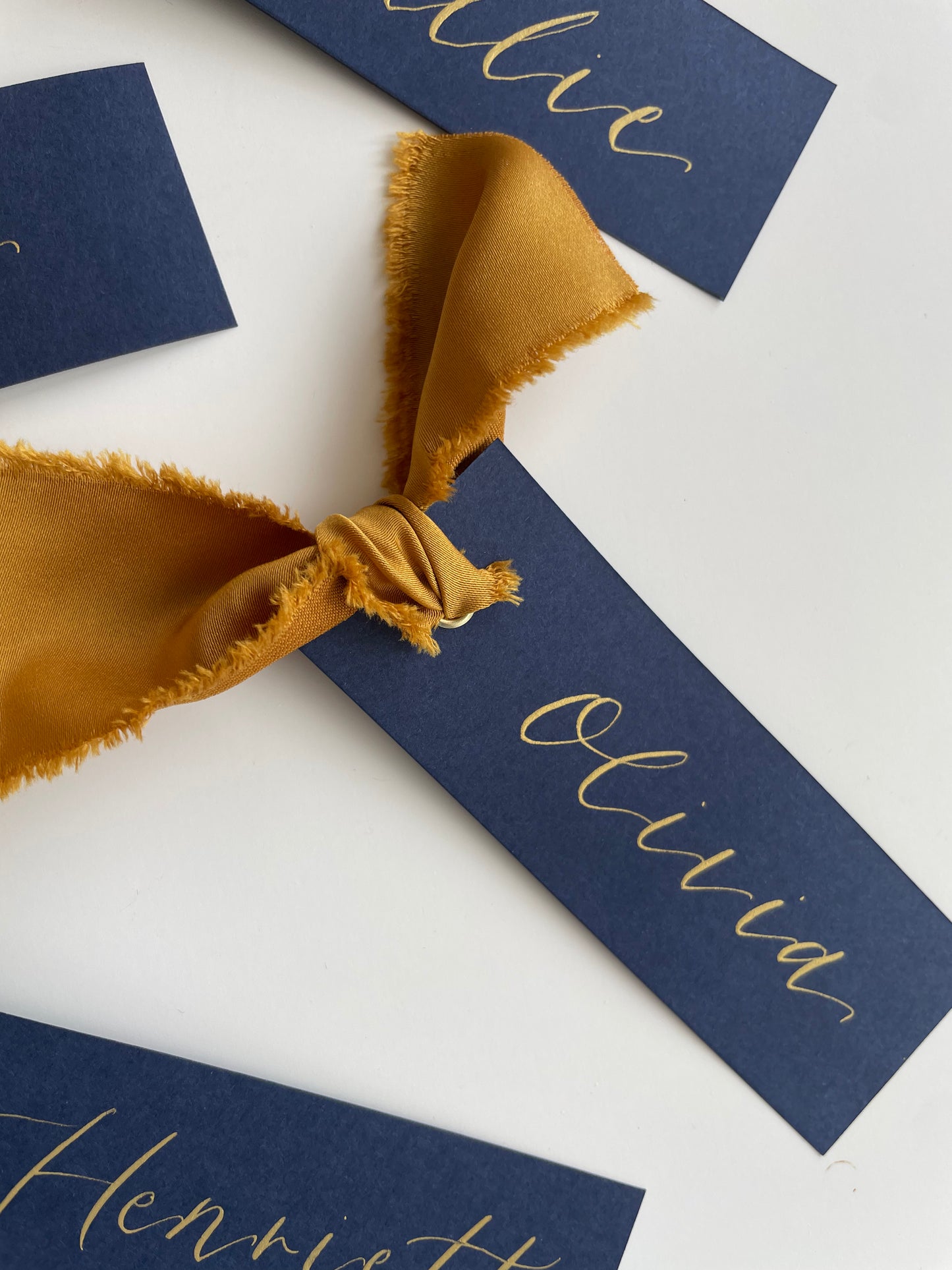 NAVY + GOLD Place Card Satin Ribbon | Calligraphy Wedding Place Name Card | Gold or Silver Eyelet