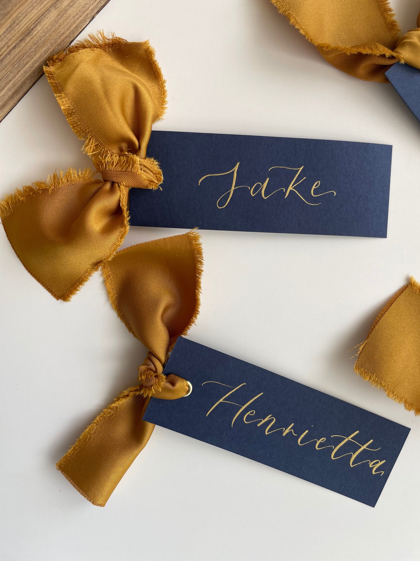 NAVY + GOLD Place Card Satin Ribbon | Calligraphy Wedding Place Name Card | Gold or Silver Eyelet