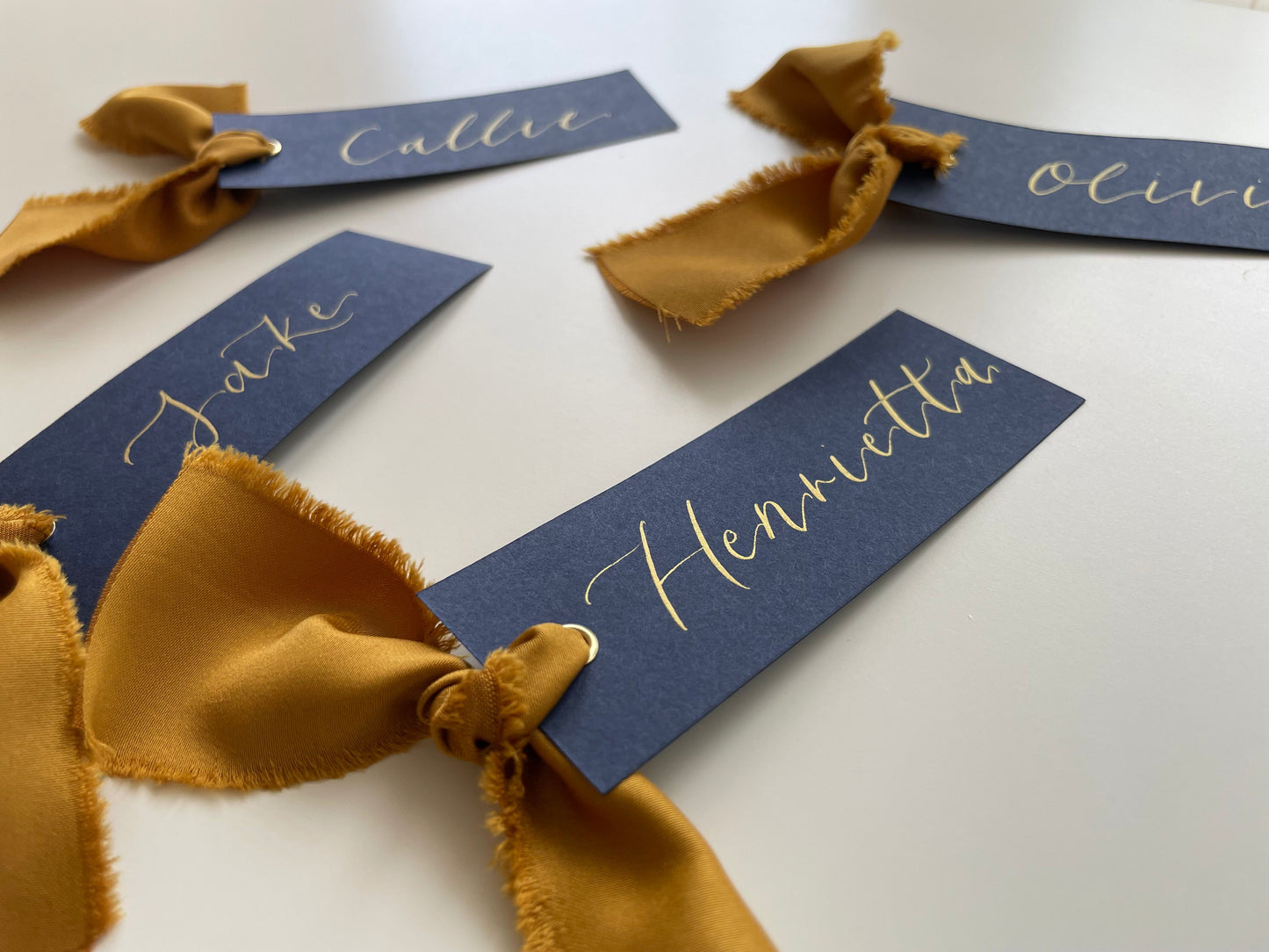 NAVY + GOLD Place Card Satin Ribbon | Calligraphy Wedding Place Name Card | Gold or Silver Eyelet