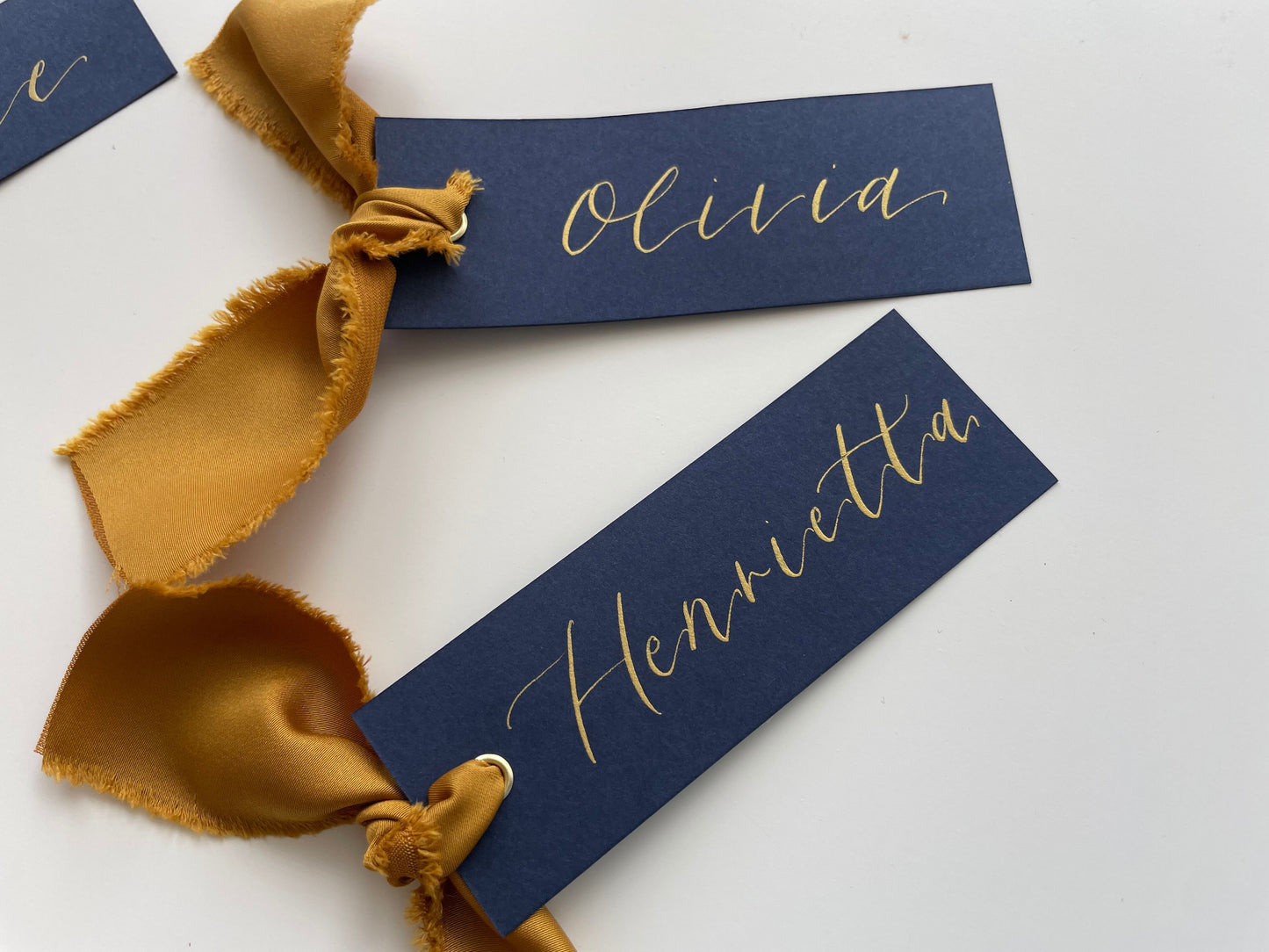 NAVY + GOLD Place Card Satin Ribbon | Calligraphy Wedding Place Name Card | Gold or Silver Eyelet