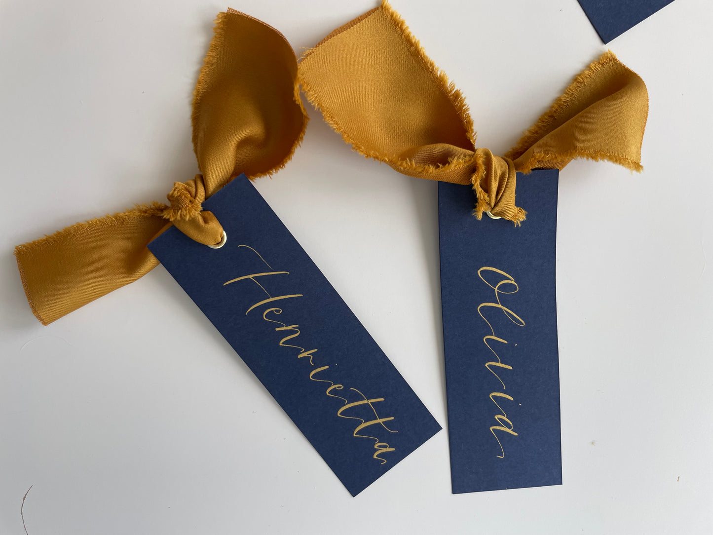 NAVY + GOLD Place Card Satin Ribbon | Calligraphy Wedding Place Name Card | Gold or Silver Eyelet