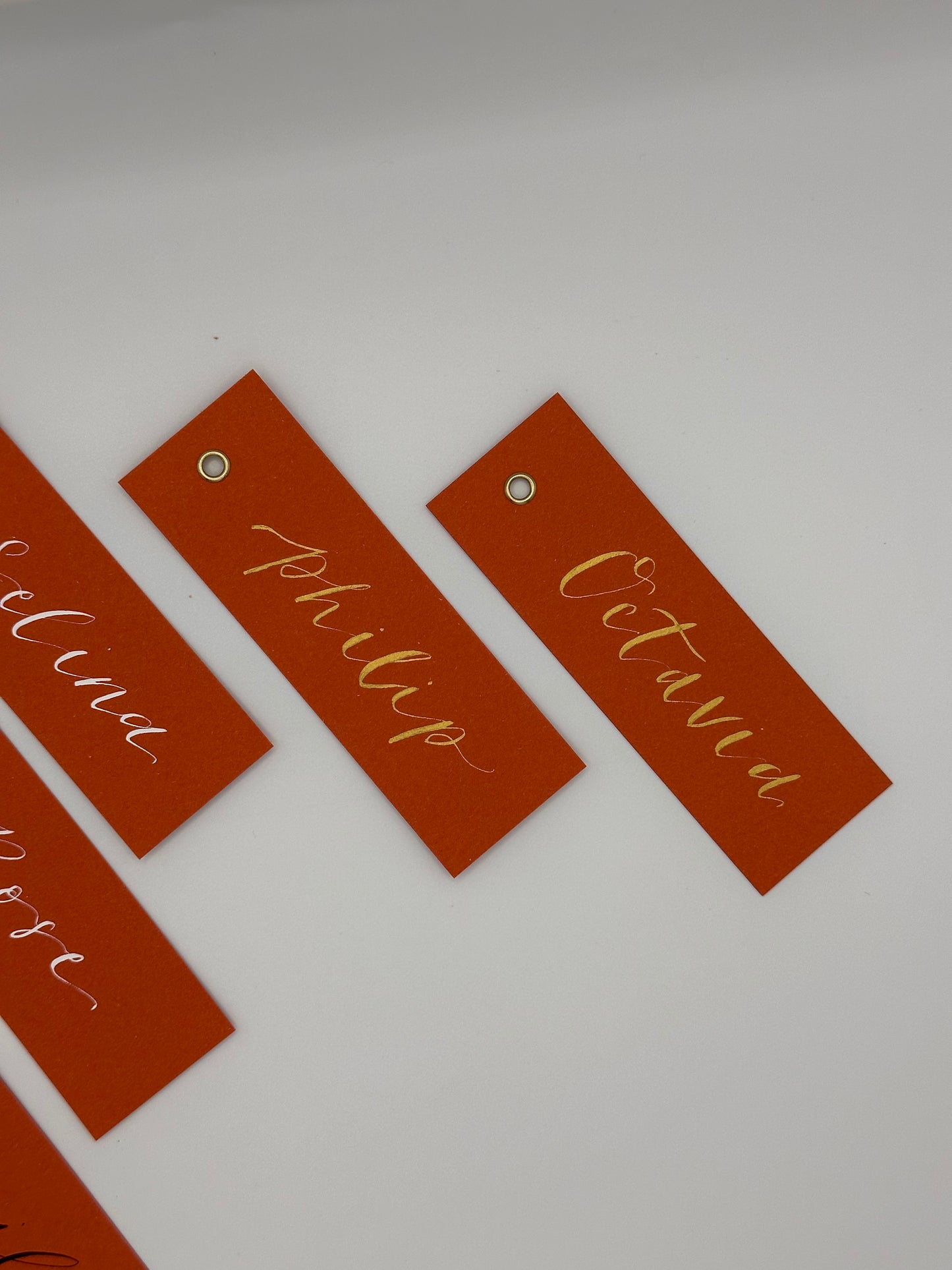 OCHRE Orange Calligraphy Place Name Card | DIY Add Own Ribbon Calligraphy Wedding Place Name Card | Gold or Silver Eyelet Place Card