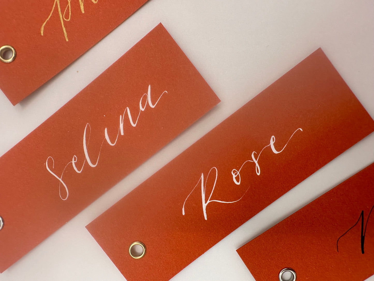 Ochre Calligraphy Place Cards with Eyelet | DIY Add Your Own Ribbon Place Card