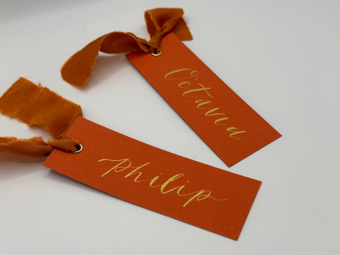 OCHRE Place Card Chiffon Ribbon | Calligraphy Wedding Place Name Card | Gold or Silver Eyelet