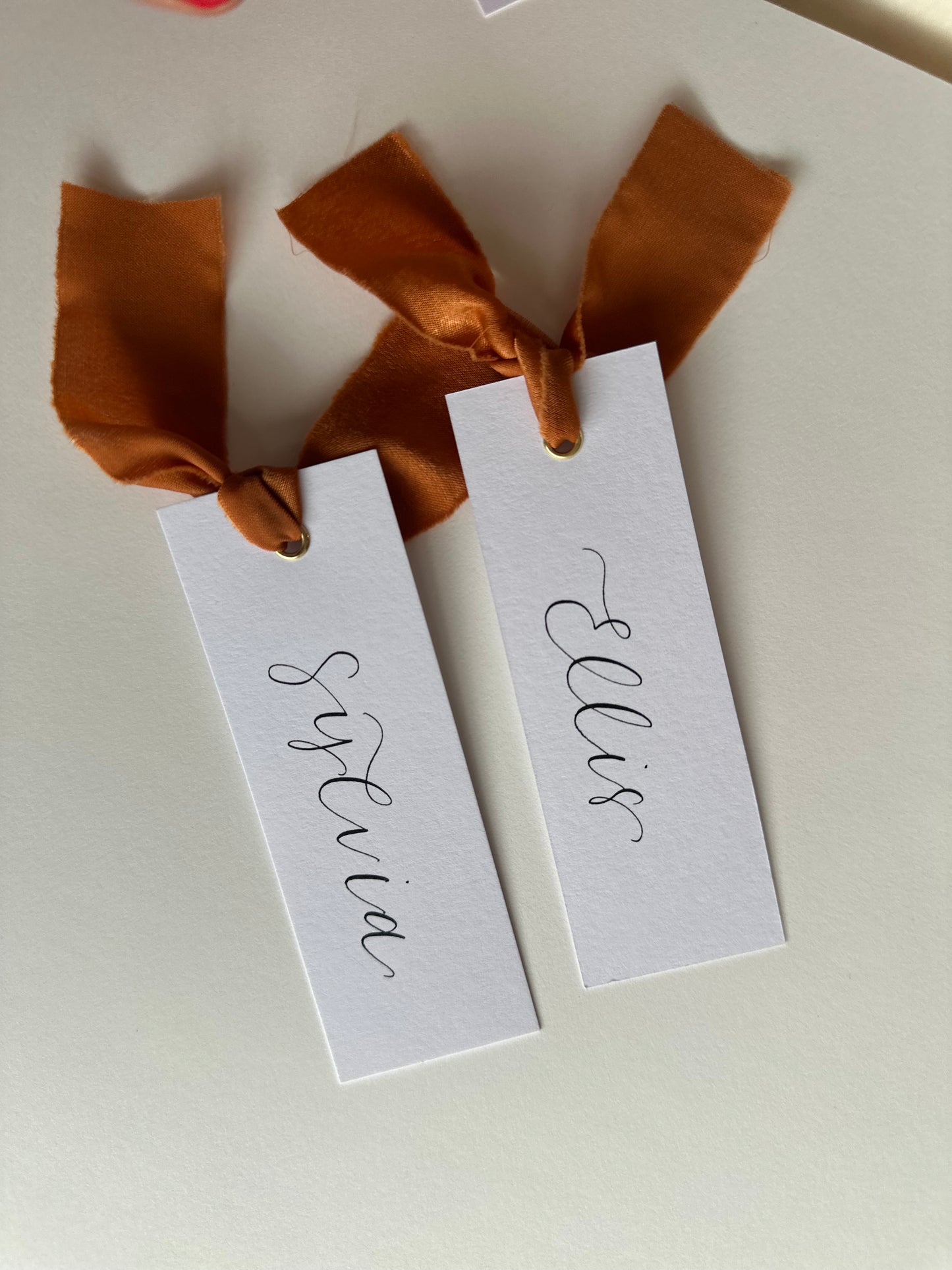 White Card with Ochre Chiffon | Calligraphy Wedding Place Name Card | Gold or Silver Eyelet