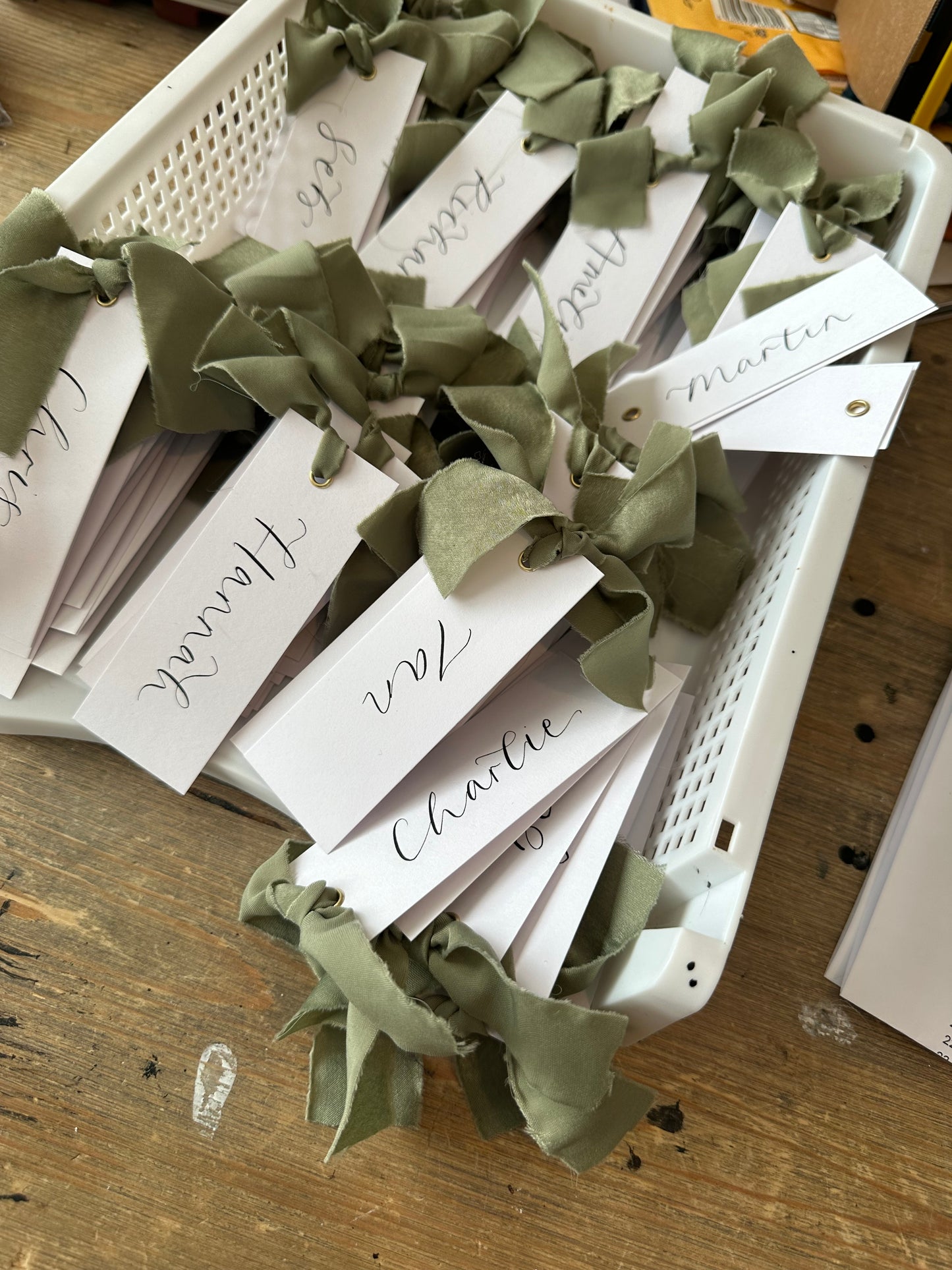 EUCALYPTUS Chiffon Calligraphy Place Name Card | White Calligraphy Wedding Place Name Card | Gold or Silver Eyelet