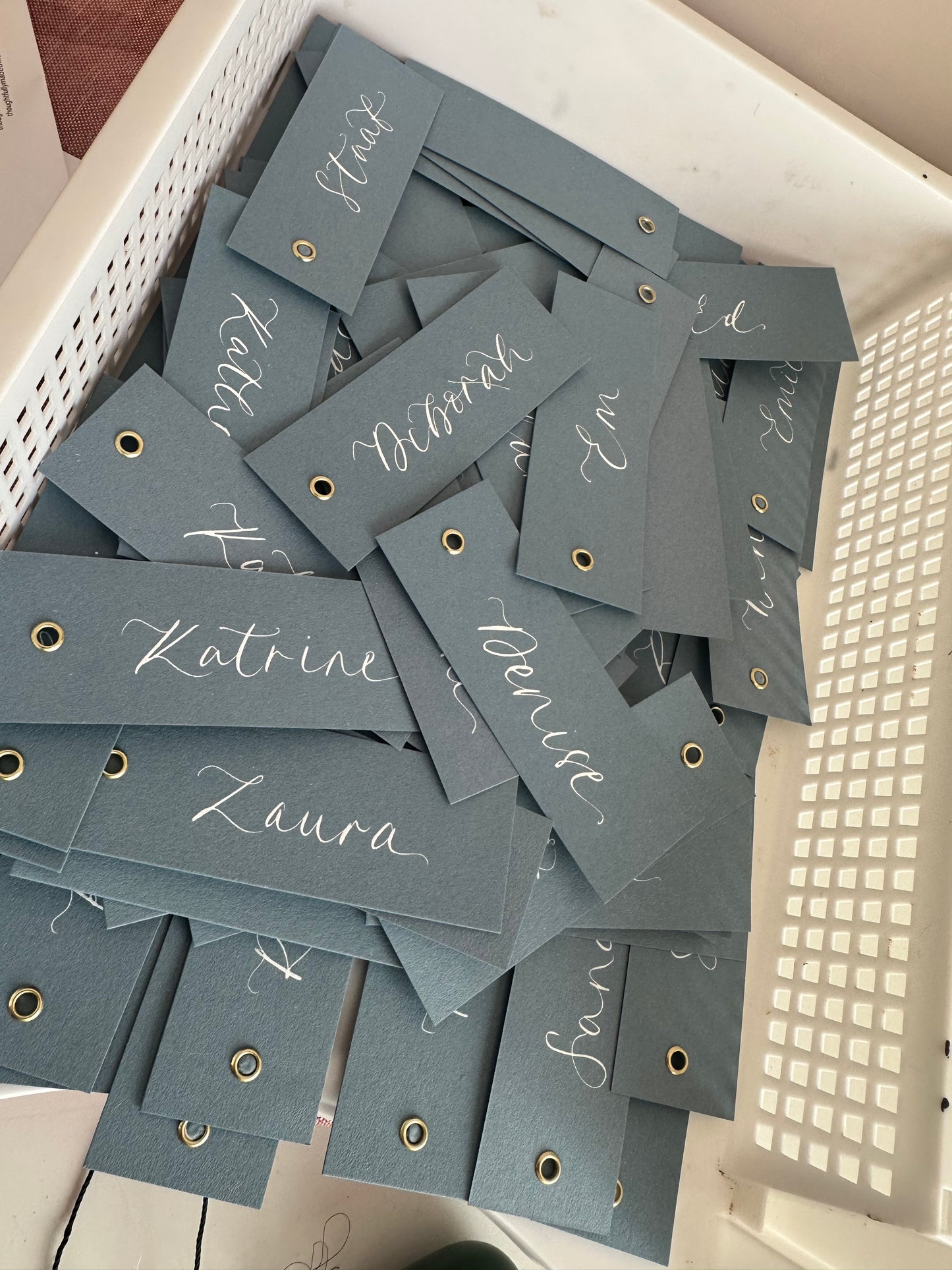 DUSKY BLUE Calligraphy Place Name Card | DIY Add Own Ribbon Calligraphy Wedding Place Name Card | Gold or Silver Eyelet Place Card