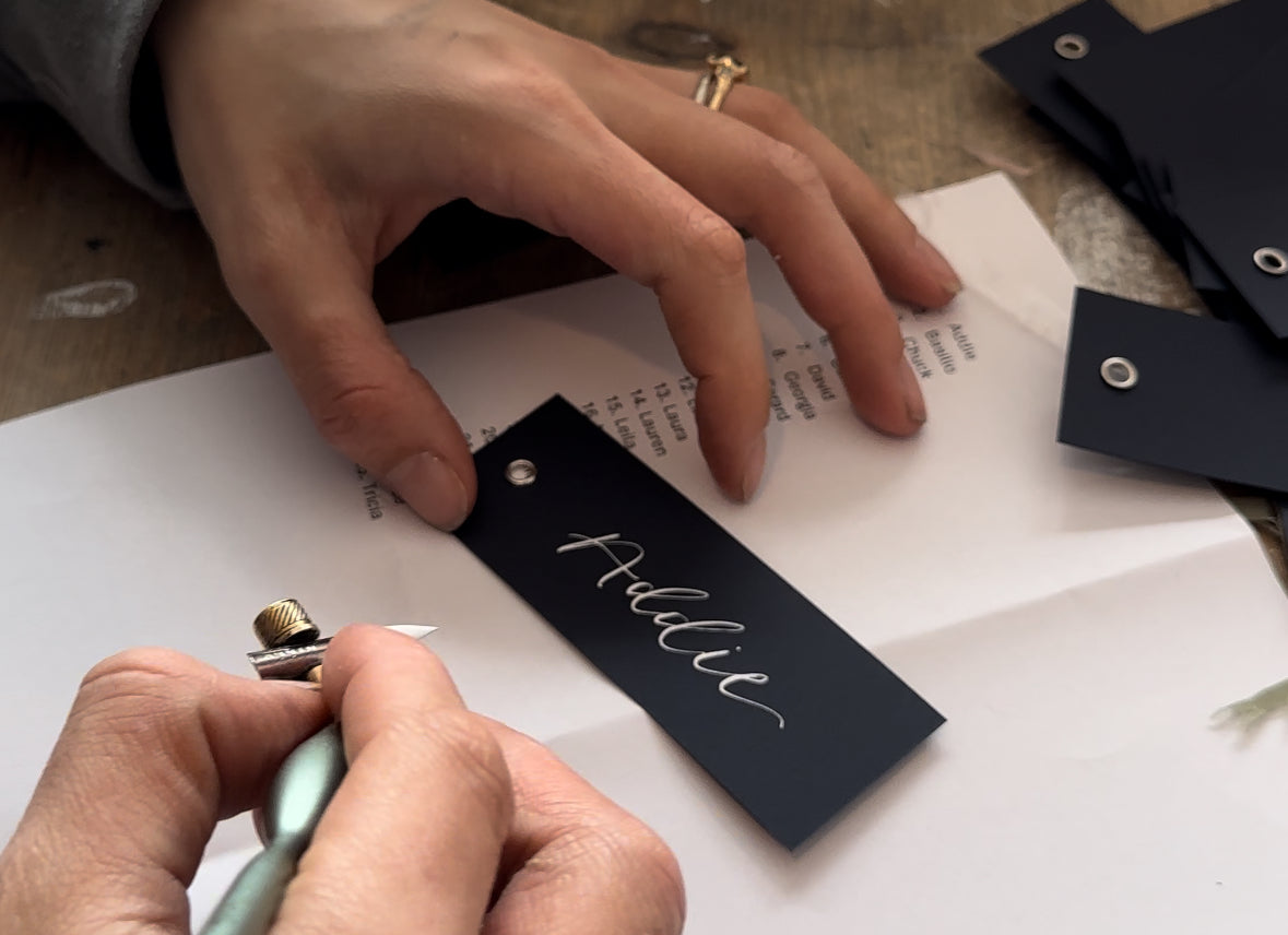 NAVY Calligraphy Place Name Card | Matte Coloured Card with Hand Written Calligraphy optional gold or silver eyelet