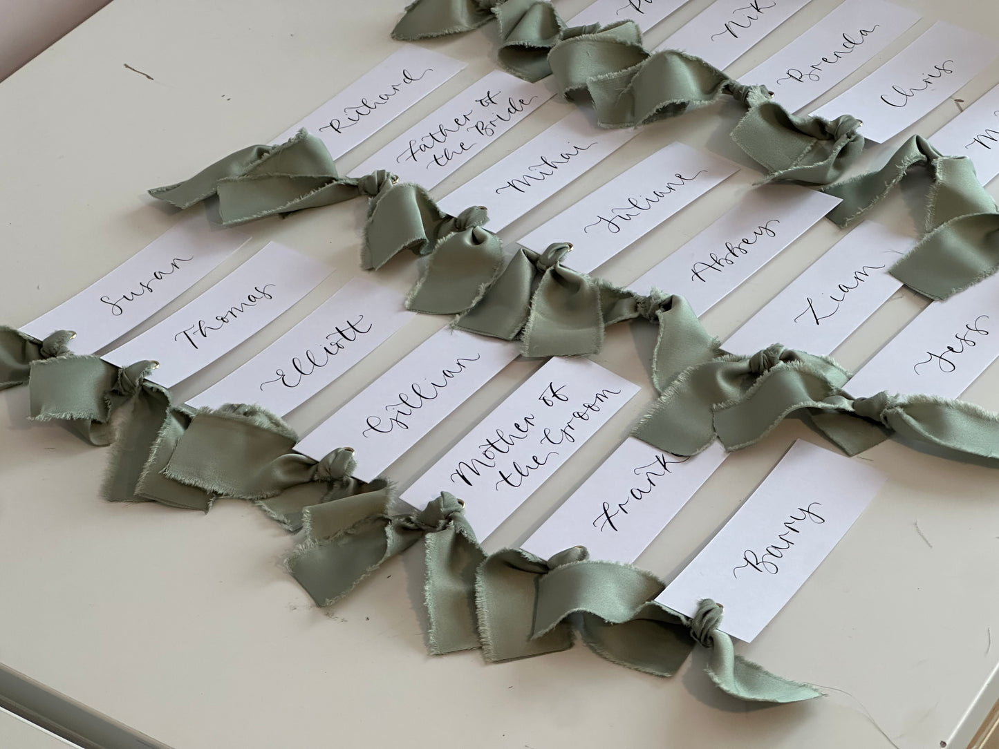 SAGE Green White Place Card with Satin Ribbon | Calligraphy Wedding Place Name Card | Gold or Silver Eyelet