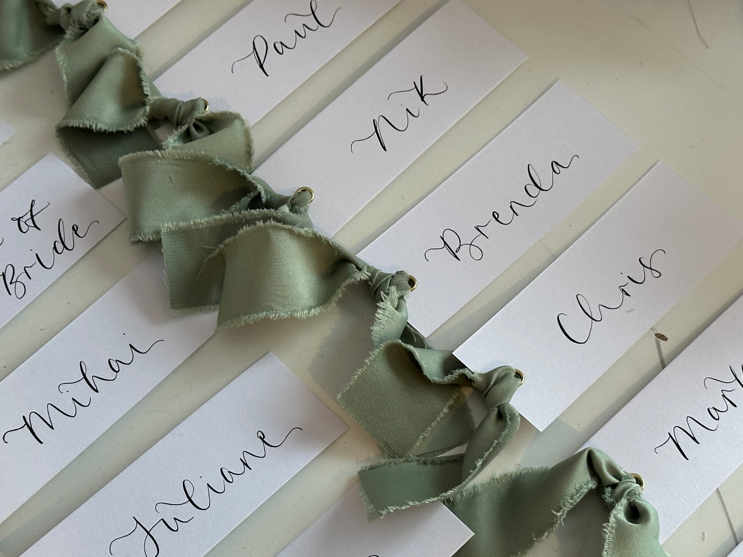 SAGE Green White Place Card with Satin Ribbon | Calligraphy Wedding Place Name Card | Gold or Silver Eyelet