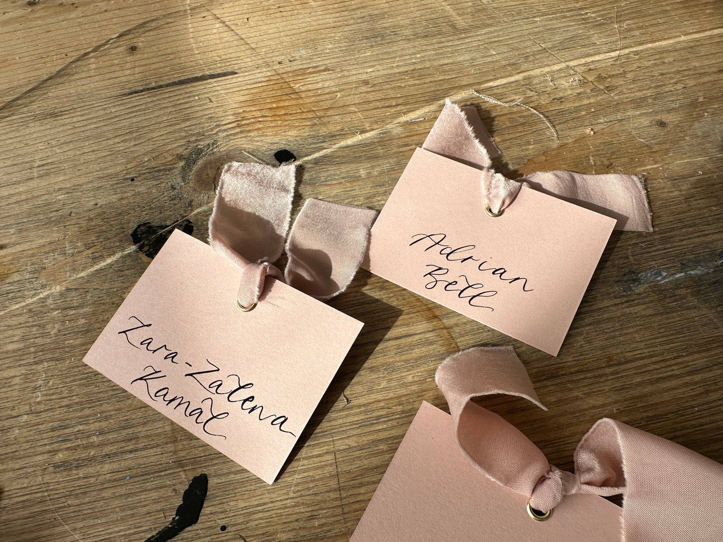 BLUSH Square *ish Chiffon Ribbon Calligraphy Place Name Card | White Calligraphy Wedding Place Name Card | Gold or Silver Eyelet