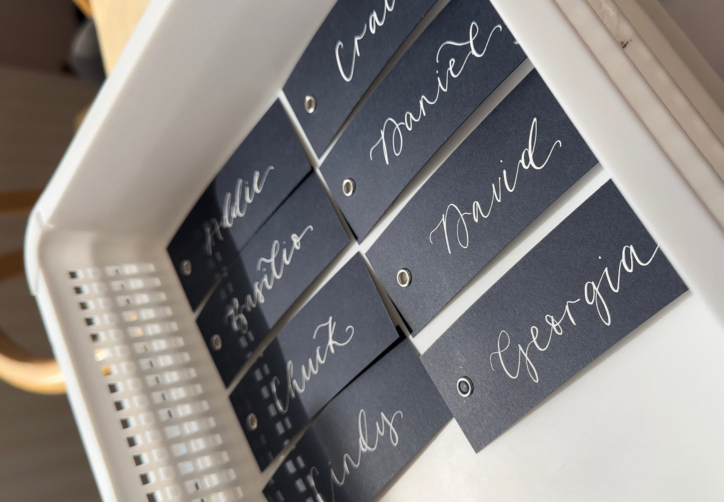 NAVY Blue Calligraphy Place Name Card | DIY Add Own Ribbon Calligraphy Wedding Place Name Card | Gold or Silver Eyelet Place Card