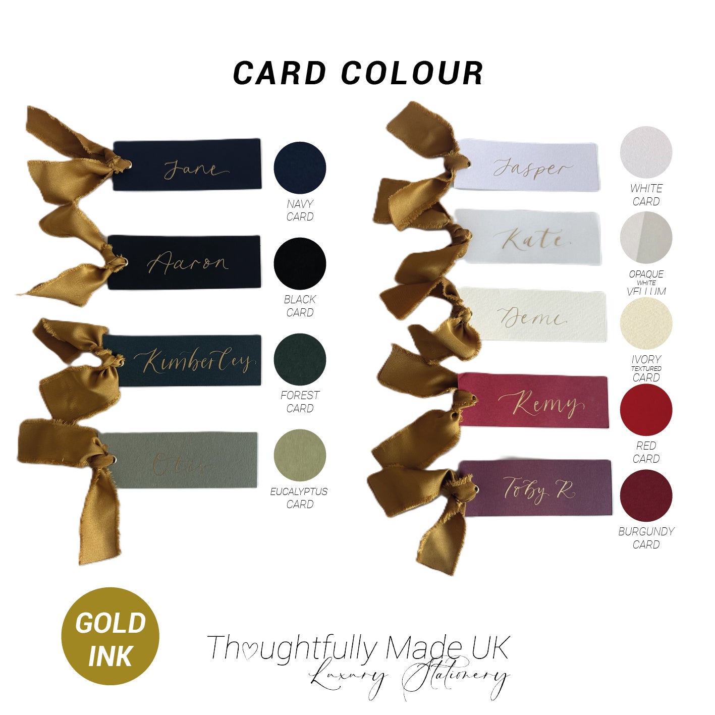 Pack of 5 Personalised Gold Calligraphy Ribbon Place Cards | Christmas & New Year Table Name Cards