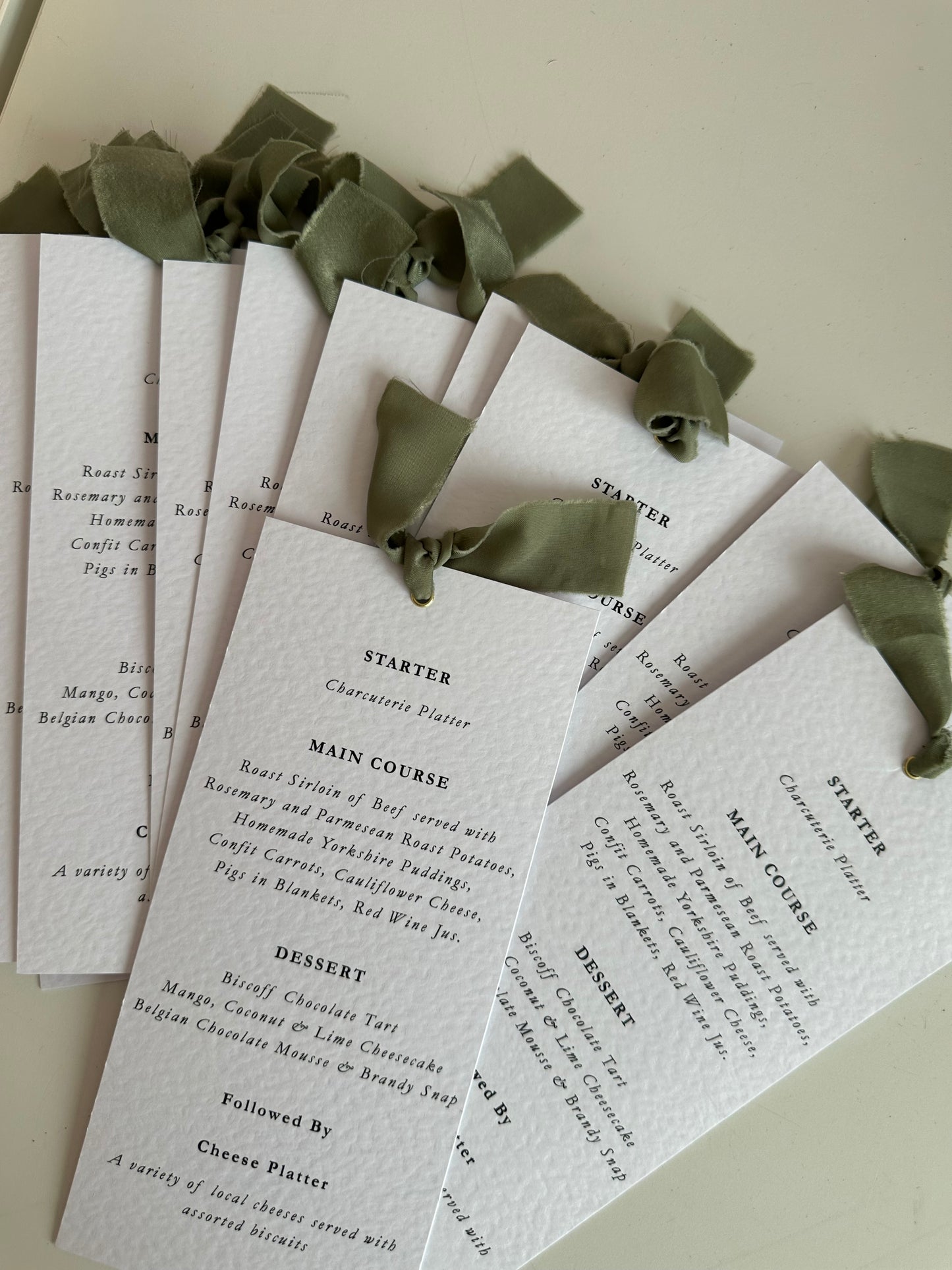 Printed Calligraphy Ribbon Skinny Menu Card | Custom Printed Calligraphy Wedding Menu Skinny Card | Gold or Silver Eyelet Menu
