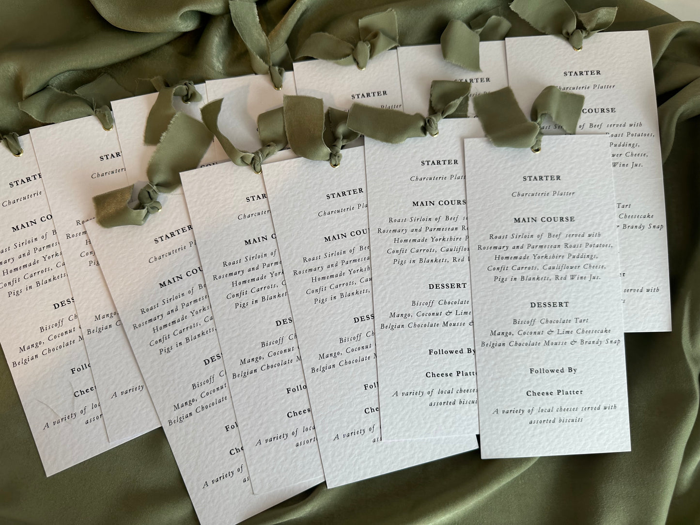 Printed Calligraphy Ribbon Skinny Menu Card | Custom Printed Calligraphy Wedding Menu Skinny Card | Gold or Silver Eyelet Menu