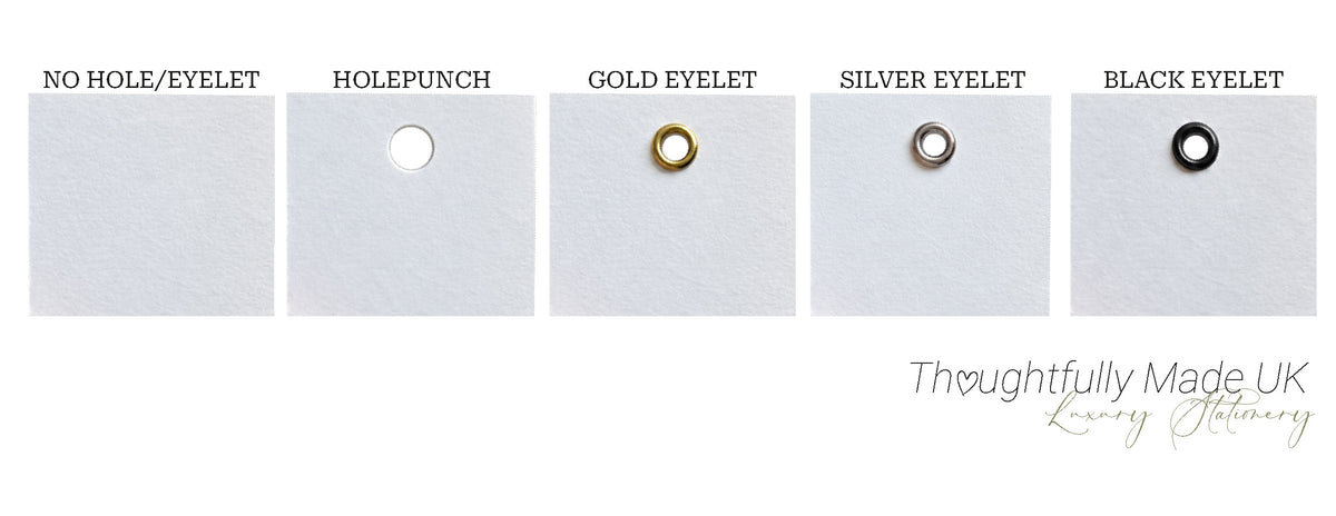 Place card finish options: no hole or eyelet, hole punch, gold eyelet, silver eyelet and black eyelet