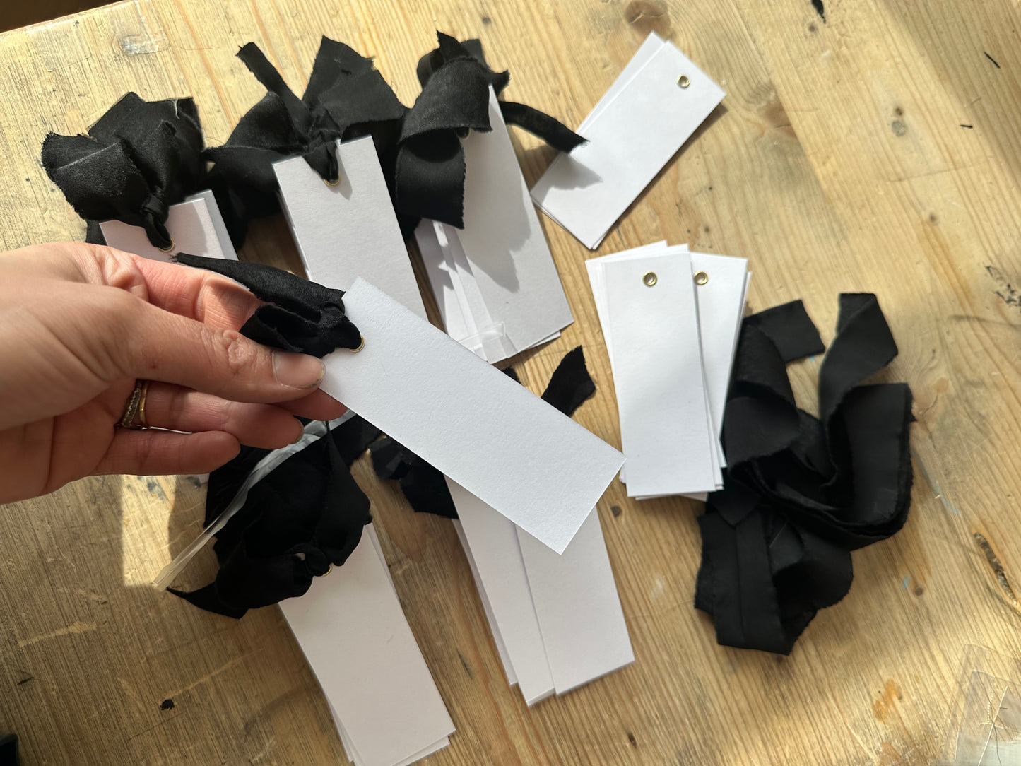 25 BLANK Black Ribbon Place Card with Eyelet | DIY Wedding Dinner Party Place Card, Write Your Own Place Setting | Monochrome Black Tie Wedding
