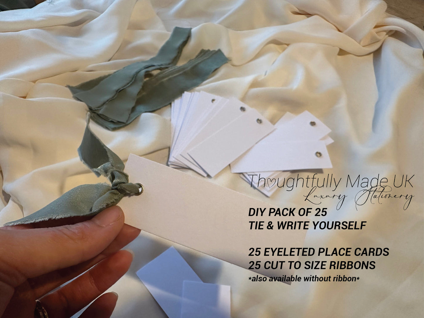 25 BLANK Eucalyptus Ribbon Place Card with Eyelet | DIY Wedding Dinner Party Place Card, Write Your Own Place Setting | Green Sage Wedding Baby Shower