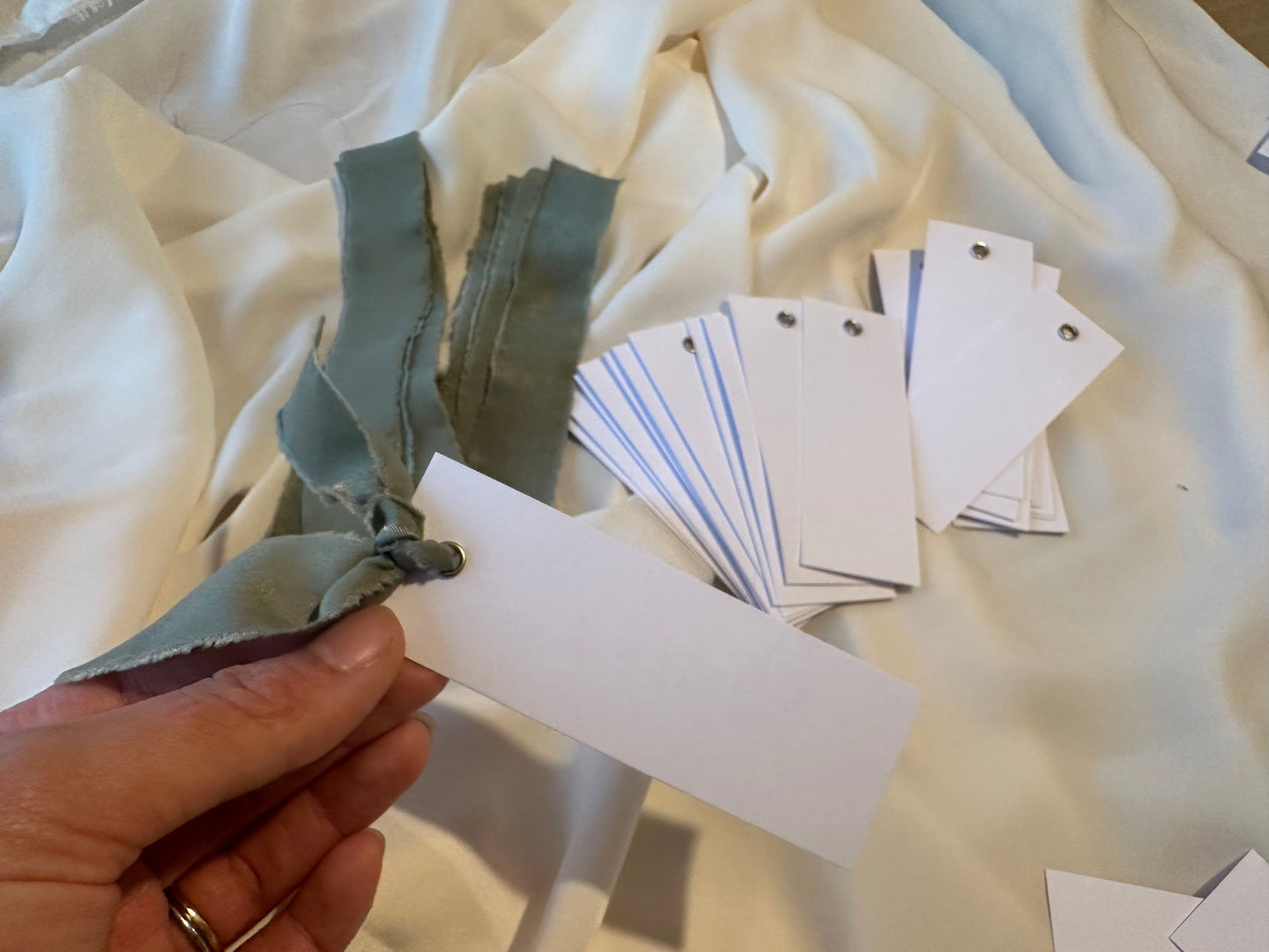 25 BLANK Eucalyptus Ribbon Place Card with Eyelet | DIY Wedding Dinner Party Place Card, Write Your Own Place Setting | Green Sage Wedding Baby Shower