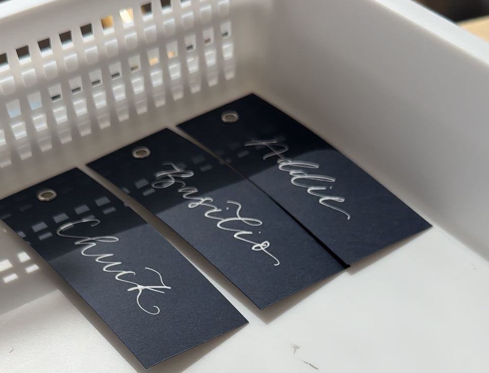 NAVY Calligraphy Place Name Card | Matte Coloured Card with Hand Written Calligraphy optional gold or silver eyelet
