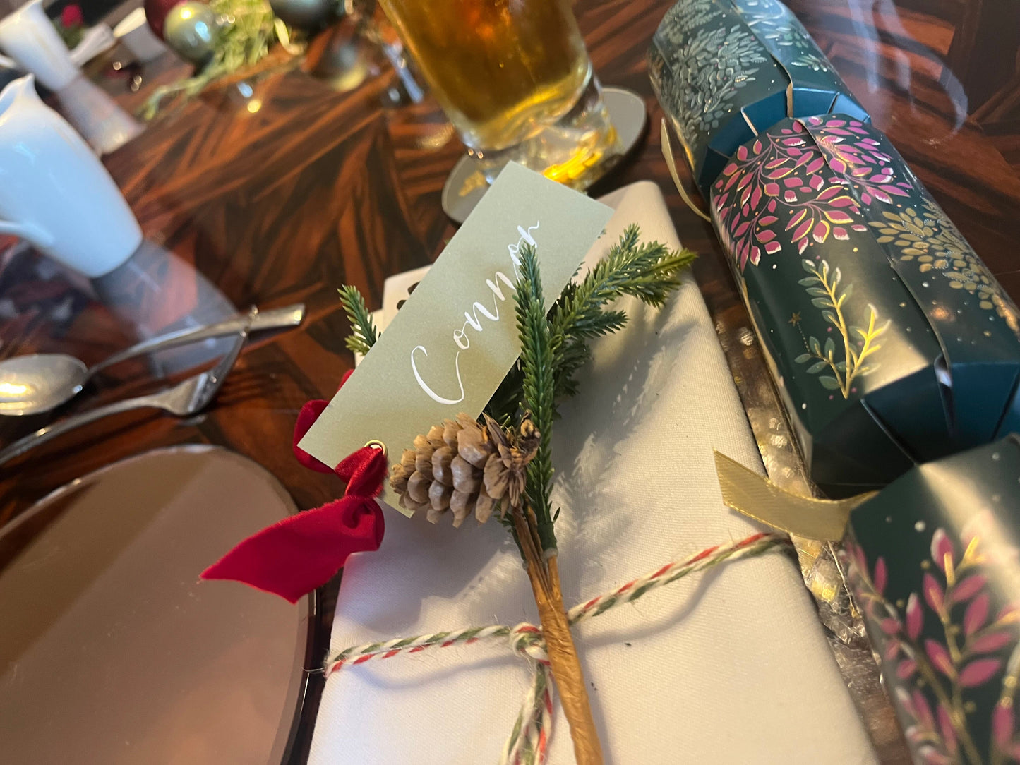 Pack of 5 Personalised Calligraphy Red Ribbon Place Cards | Christmas & New Year Table Décor