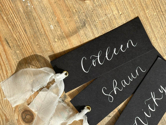 BLACK + WHITE Organza Ribbon Calligraphy Place Name Card | Black Calligraphy Wedding Place Name Card | Gold or Silver Eyelet