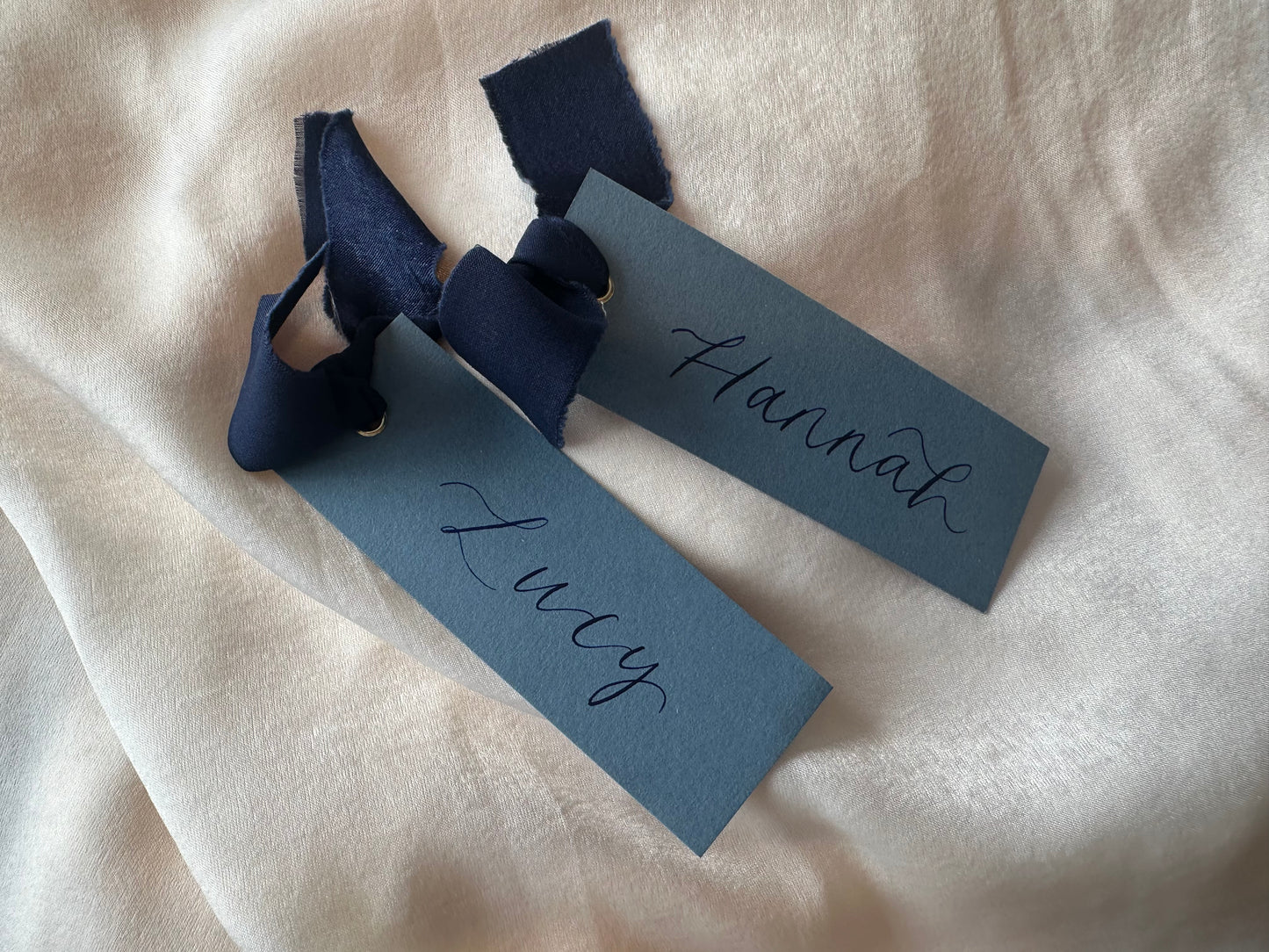 DUSKY BLUE + NAVY Place Card Chiffon Ribbon | Calligraphy Wedding Place Name Card | Gold or Silver Eyelet