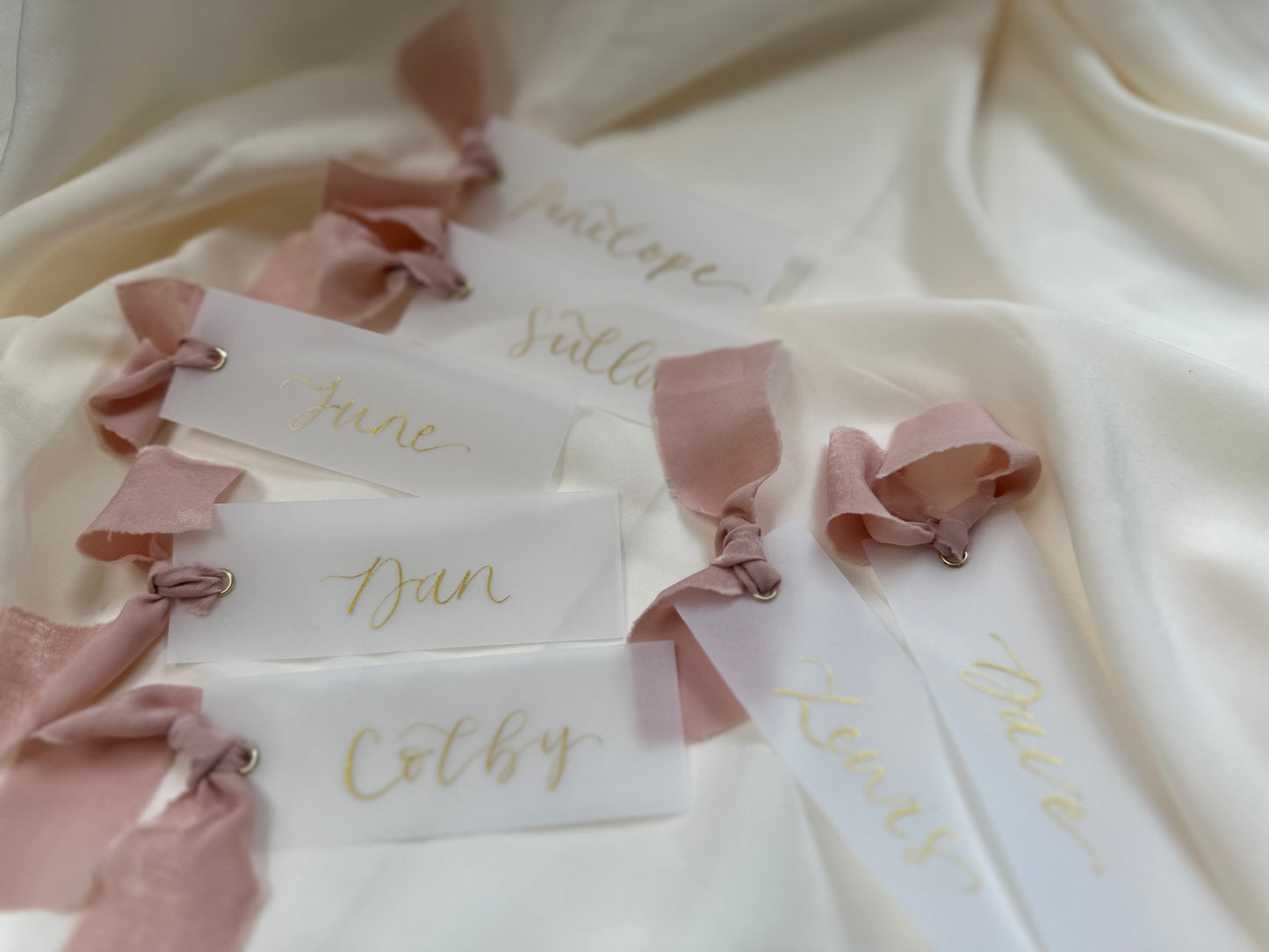 VELLUM + BLUSH Ribbon Calligraphy Place Name Card | Opaque Calligraphy Wedding Place Name Card | Gold or Silver Eyelet