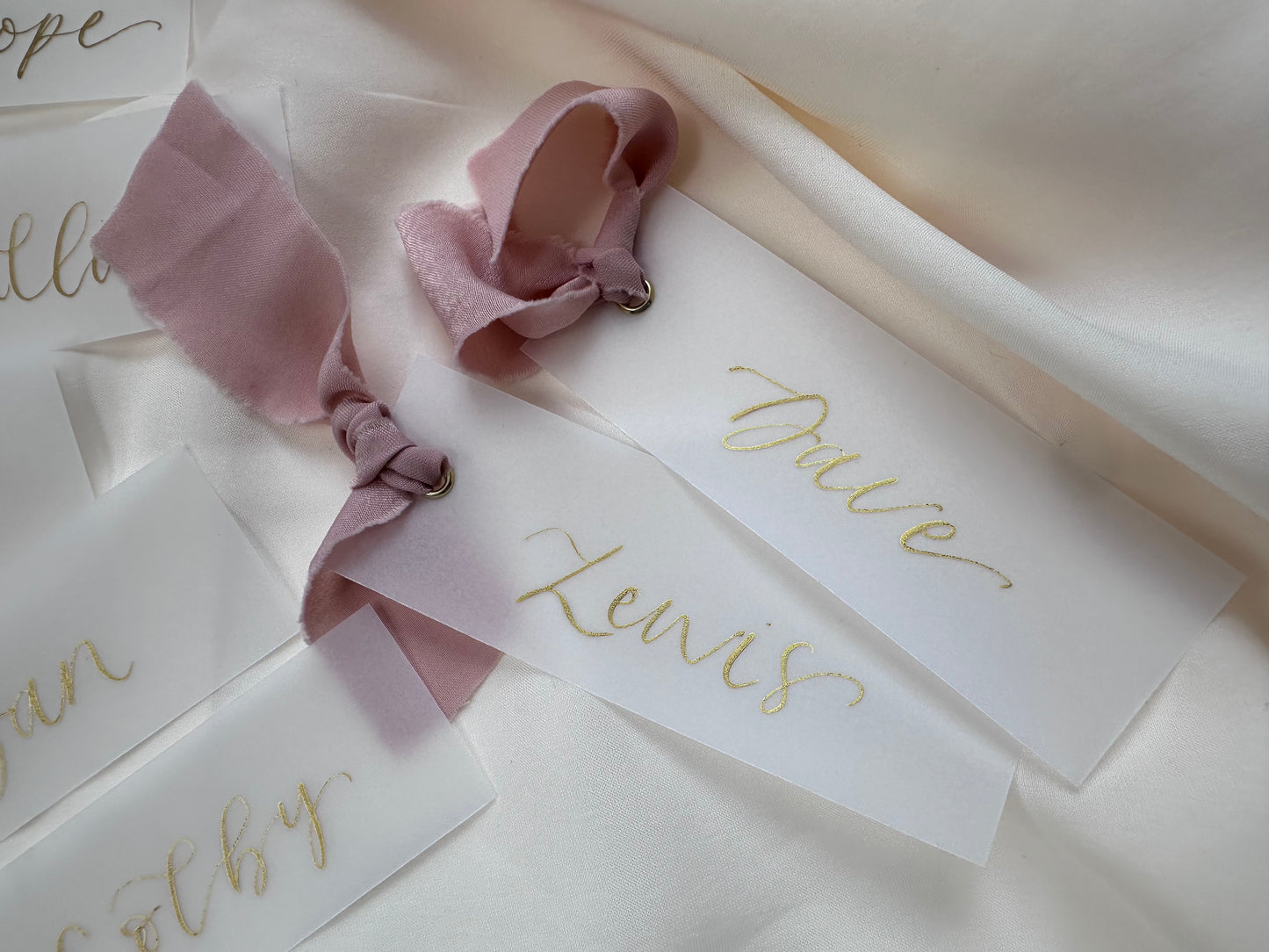 VELLUM Place Card Blush chiffon Ribbon | Calligraphy Wedding Place Name Card | Gold or Silver Eyelet