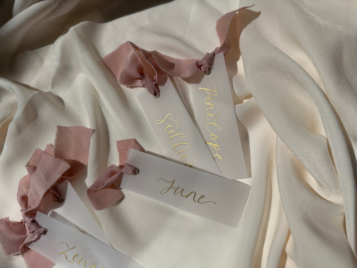VELLUM Place Card Blush chiffon Ribbon | Calligraphy Wedding Place Name Card | Gold or Silver Eyelet