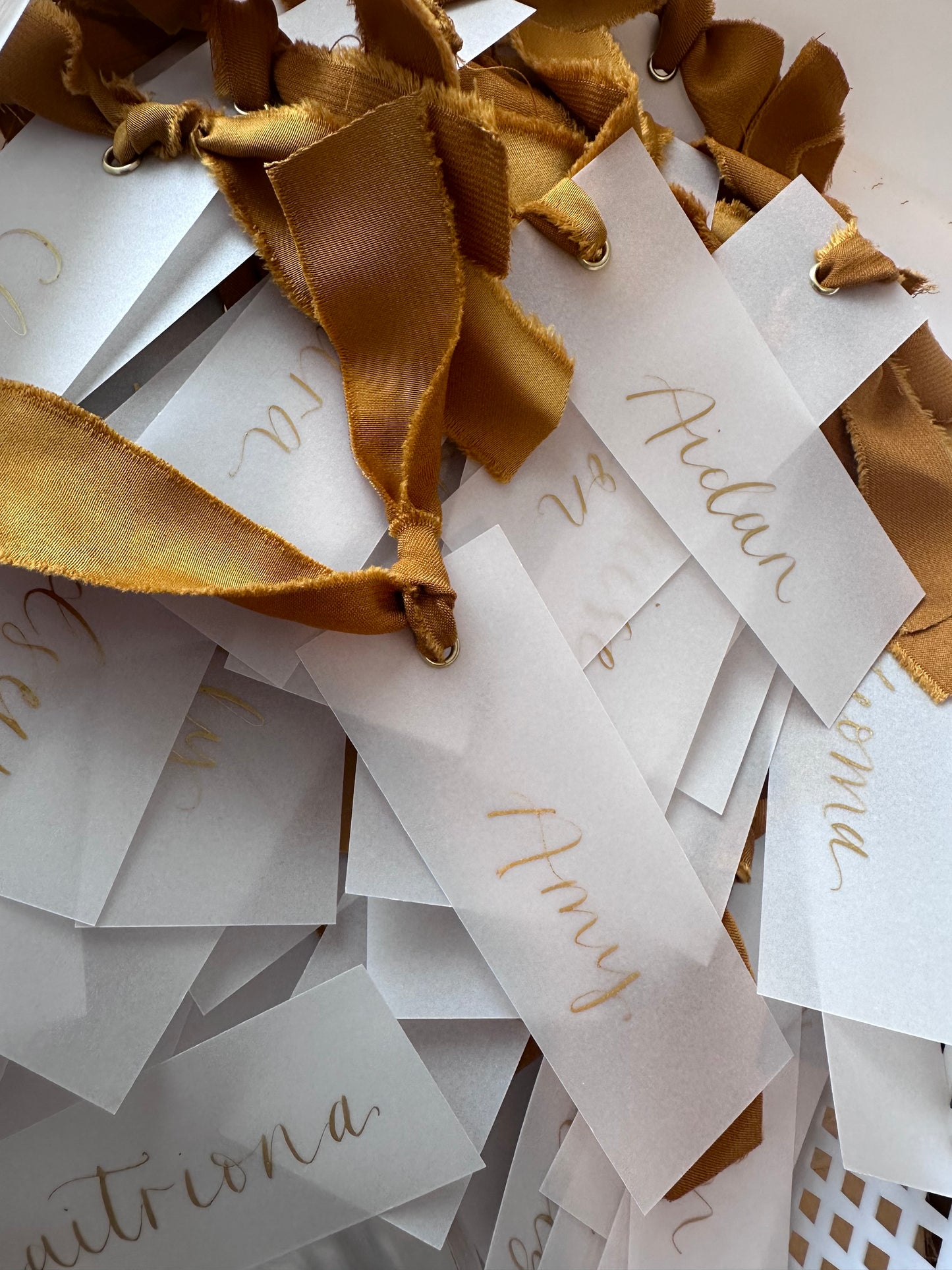 VELLUM Place Card Gold Satin Ribbon | Calligraphy Wedding Place Name Card | Gold or Silver Eyelet