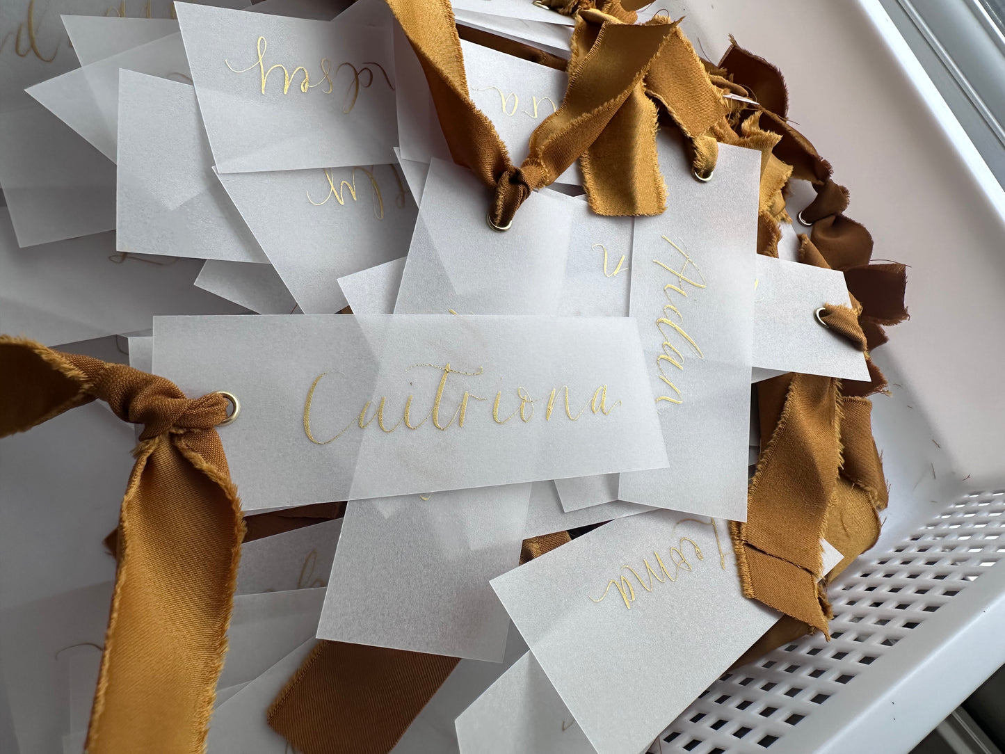 VELLUM Place Card Gold Satin Ribbon | Calligraphy Wedding Place Name Card | Gold or Silver Eyelet