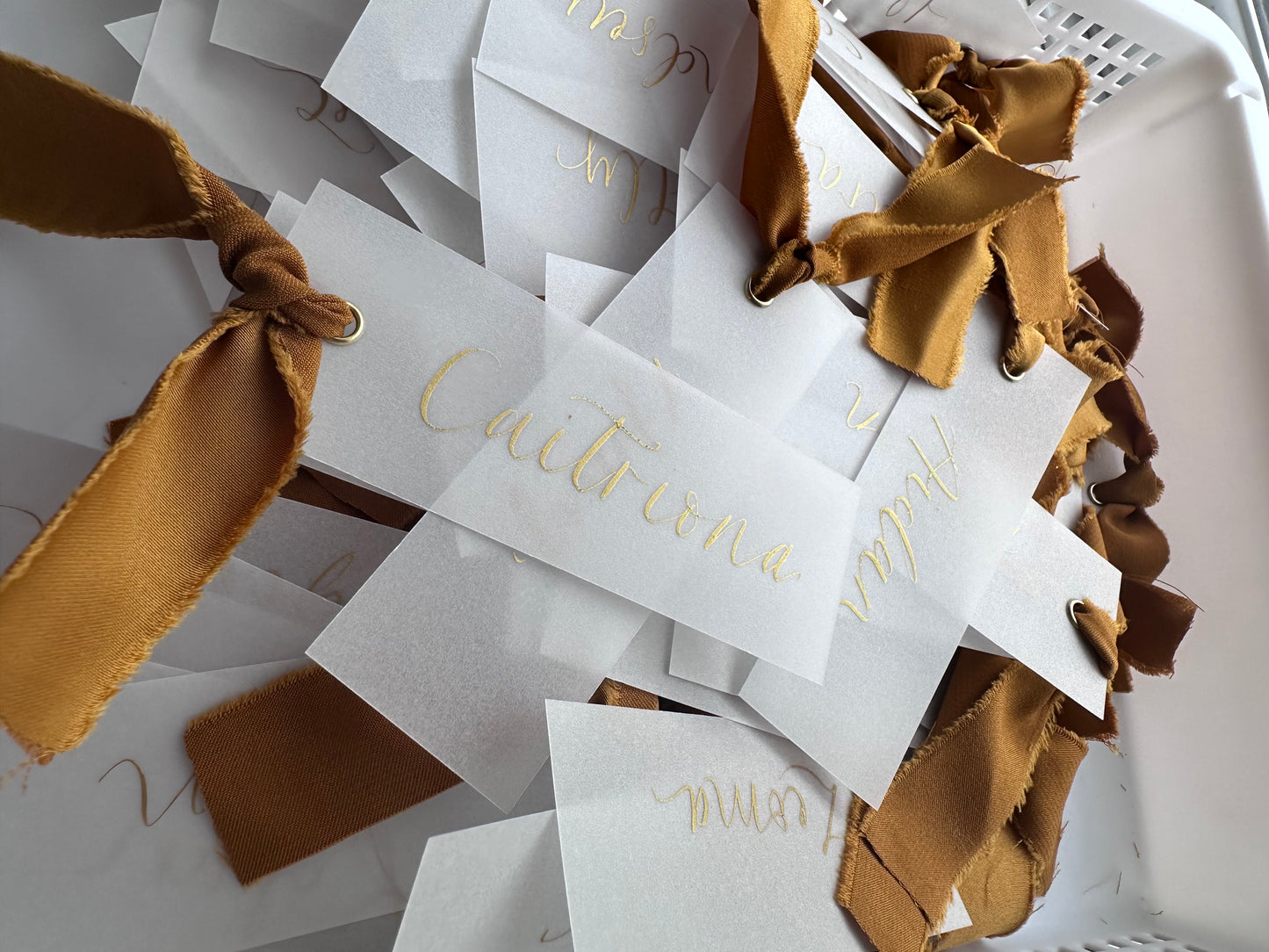VELLUM Place Card Gold Satin Ribbon | Calligraphy Wedding Place Name Card | Gold or Silver Eyelet