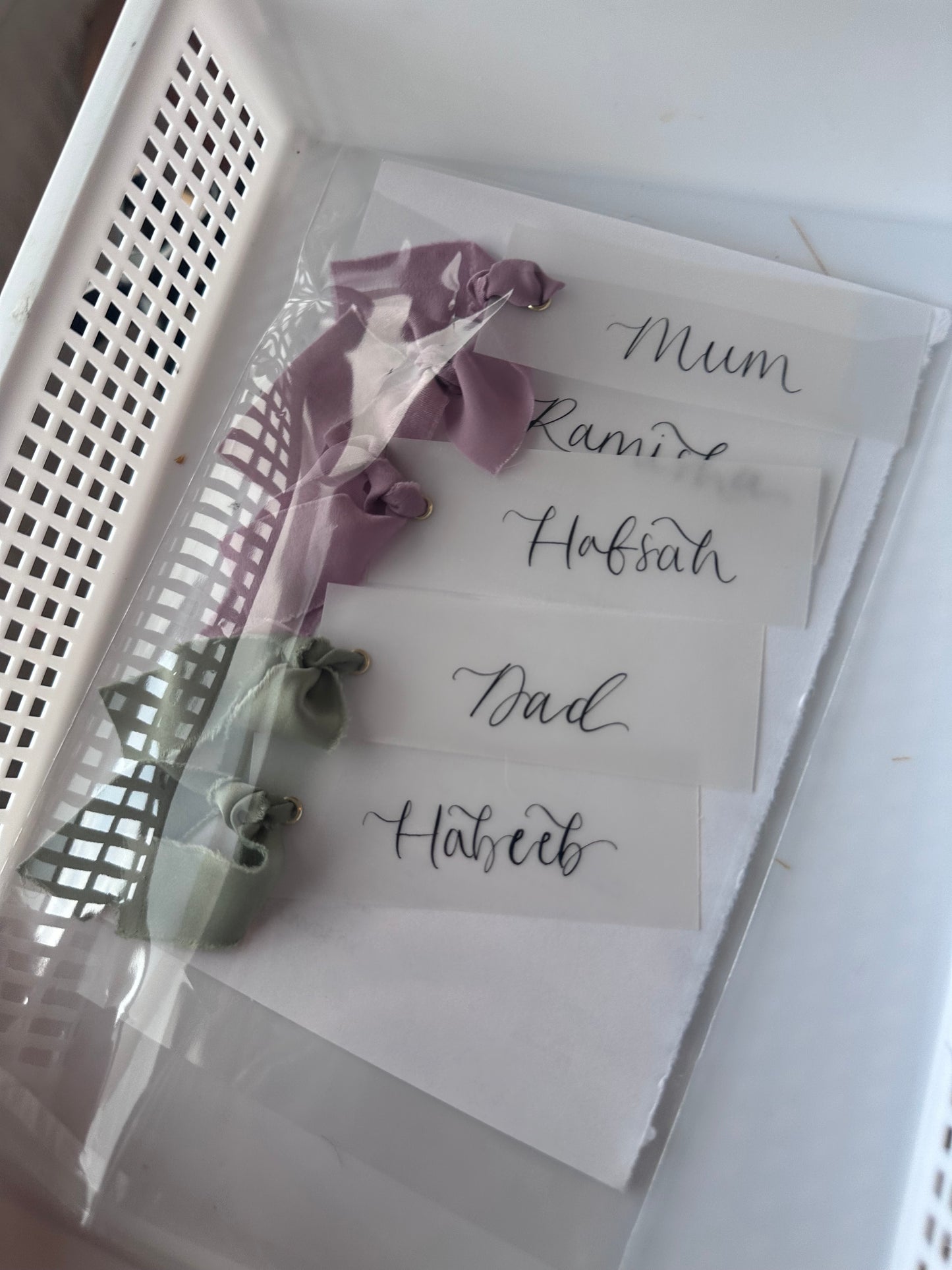 VELLUM Opaque Paper Place Card Chiffon Ribbon | Calligraphy Wedding Place Name Card | Gold or Silver Eyelet