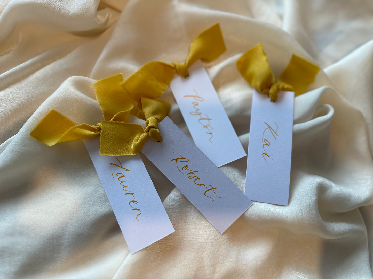 LEMON Chiffon Calligraphy Place Name Card | White Calligraphy Wedding Place Name Card | Gold or Silver Eyelet