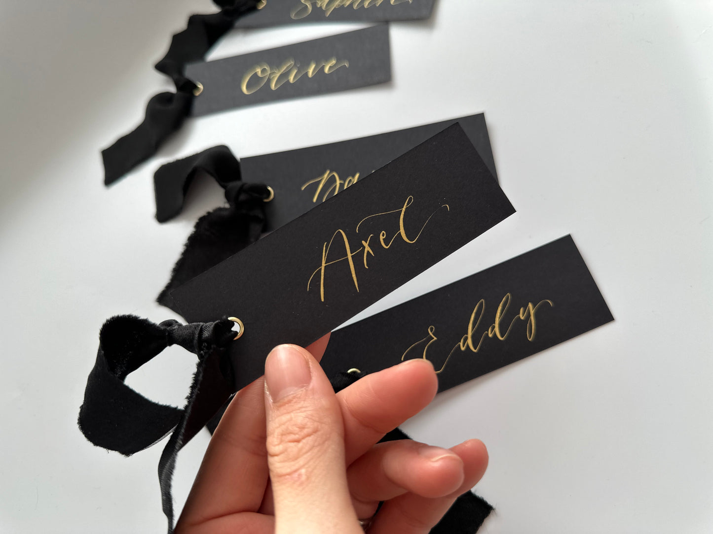 BLACK Place Card Chiffon Ribbon | Calligraphy Wedding Place Name Card | Gold or Silver Eyelet