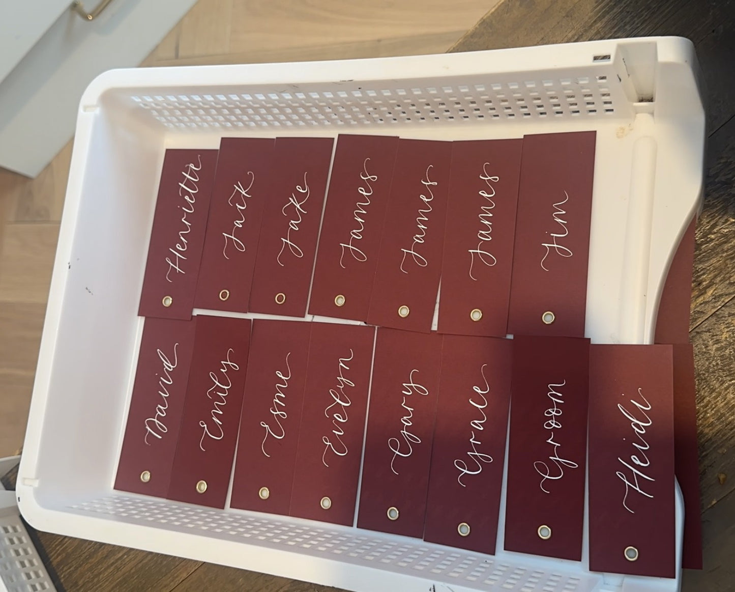 BURGUNDY Calligraphy Place Name Card | DIY Add Own Ribbon Calligraphy Wedding Place Name Card | Gold or Silver Eyelet Place Card