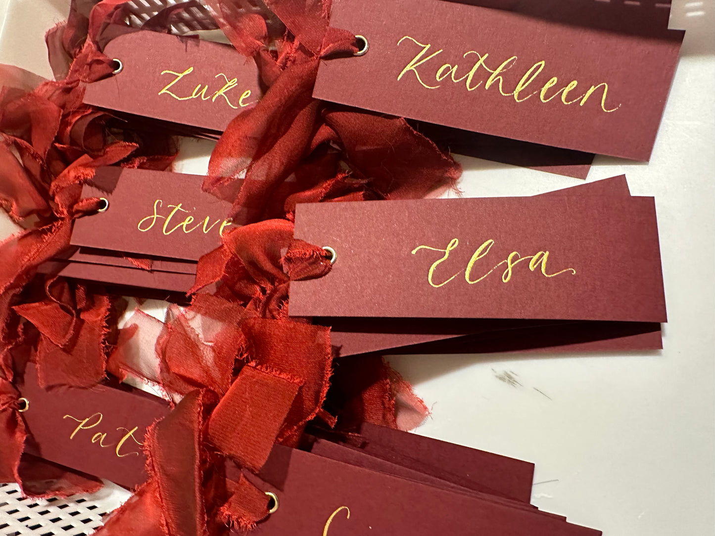 BURGUNDY Place Card Wine Organza | Calligraphy Wedding Place Name Card | Gold or Silver Eyelet (Copy)