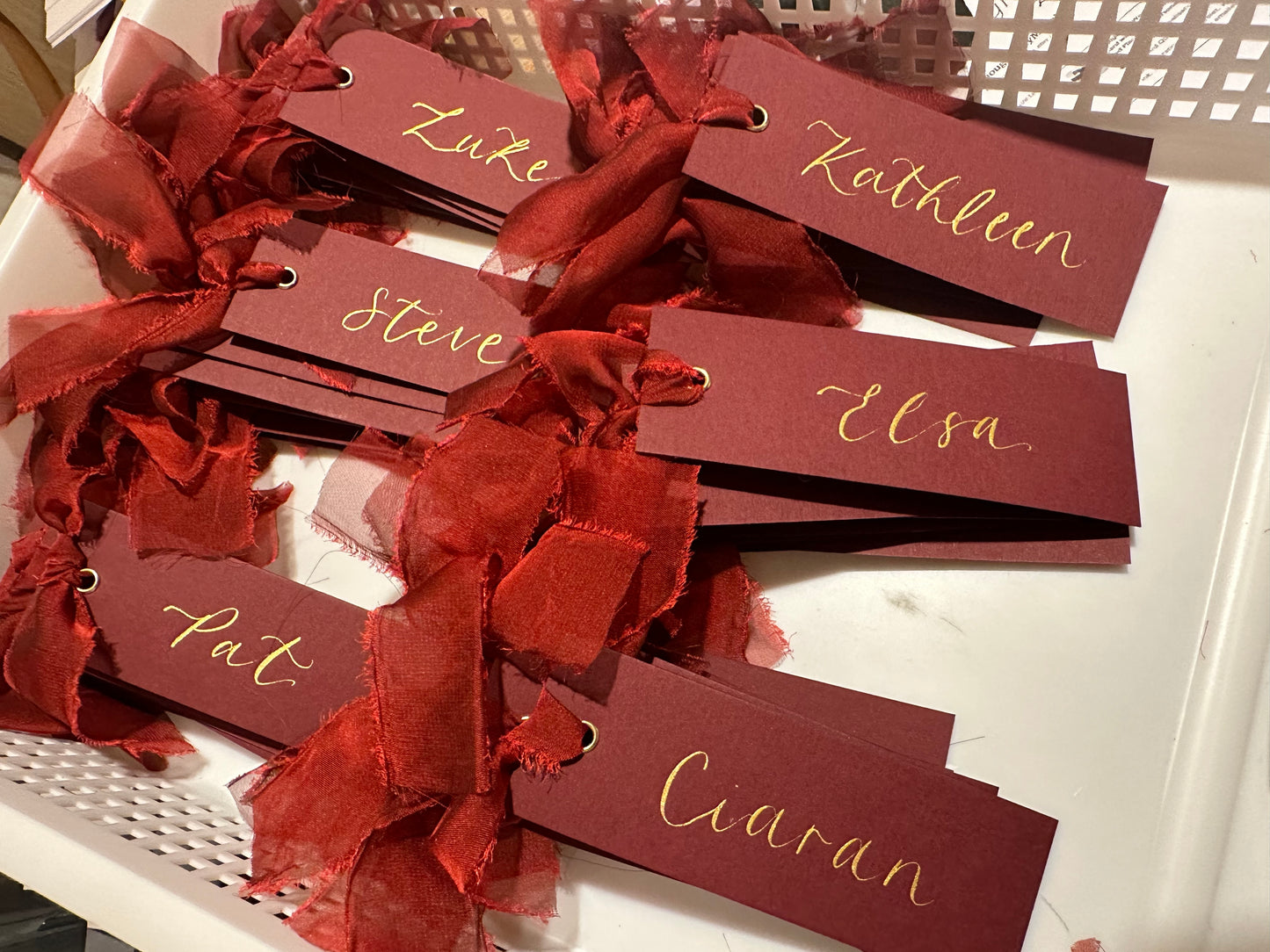BURGUNDY + WINE Place Card Organza Ribbon | Calligraphy Wedding Place Name Card | Gold or Silver Eyelet