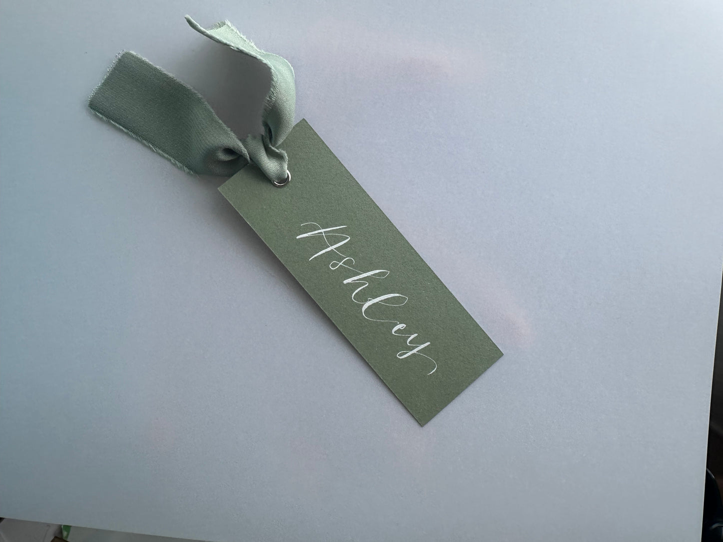 EUCALYPTUS + SAGE Place Card Satin Ribbon | Calligraphy Wedding Place Name Card | Gold or Silver Eyelet (Copy)
