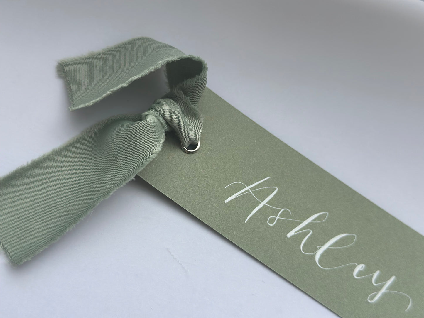 EUCALYPTUS + SAGE Place Card Satin Ribbon | Calligraphy Wedding Place Name Card | Gold or Silver Eyelet (Copy)