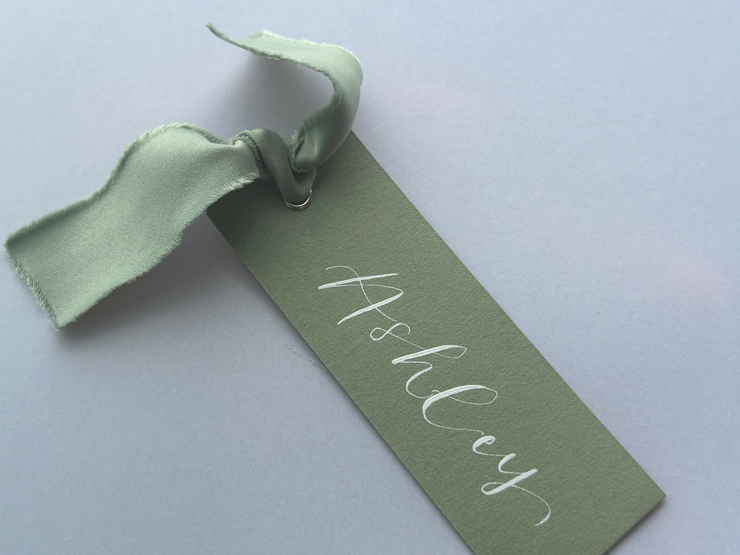 EUCALYPTUS + SAGE Place Card Satin Ribbon | Calligraphy Wedding Place Name Card | Gold or Silver Eyelet (Copy)