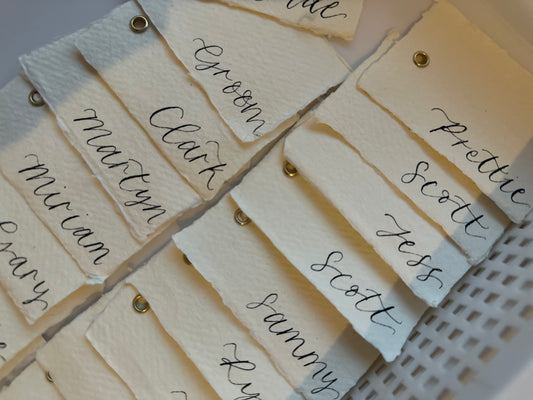 HANDMADE PAPER Calligraphy Place Name Card | DIY Add Own Ribbon Calligraphy Wedding Place Name Card | Gold or Silver Eyelet Place Card