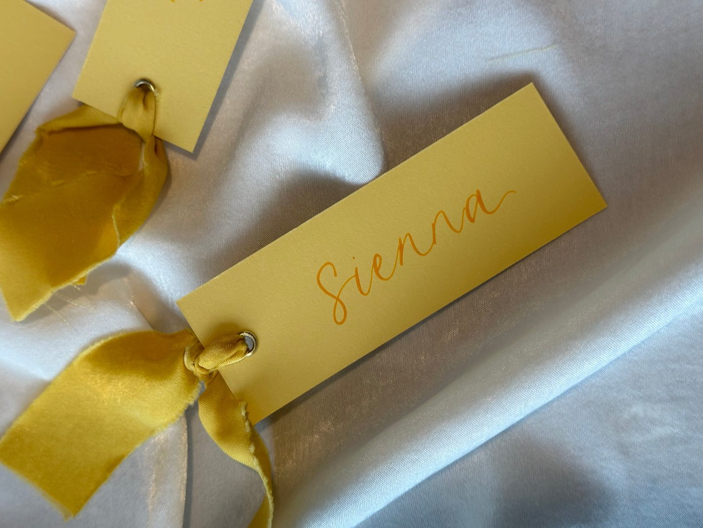 LEMON Yellow Place Card Champagne Chiffon Ribbon | Calligraphy Wedding Place Name Card | Gold or Silver Eyelet