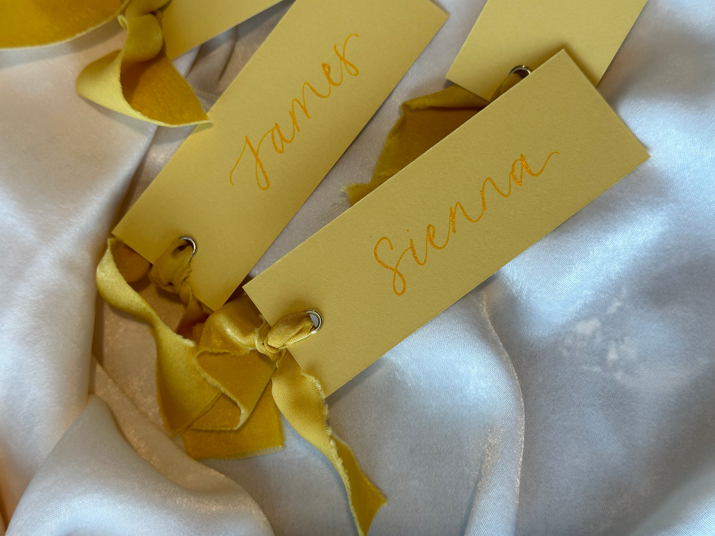 LEMON Yellow Place Card Champagne Chiffon Ribbon | Calligraphy Wedding Place Name Card | Gold or Silver Eyelet
