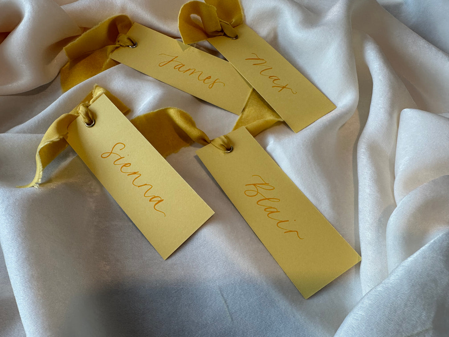 LEMON Yellow Place Card Champagne Chiffon Ribbon | Calligraphy Wedding Place Name Card | Gold or Silver Eyelet