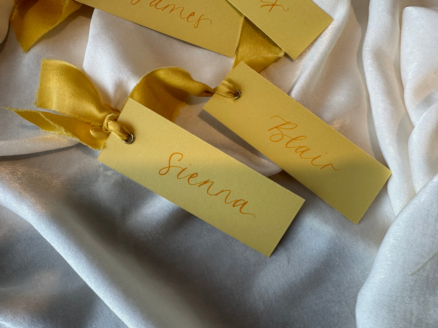 LEMON Yellow Place Card Champagne Chiffon Ribbon | Calligraphy Wedding Place Name Card | Gold or Silver Eyelet